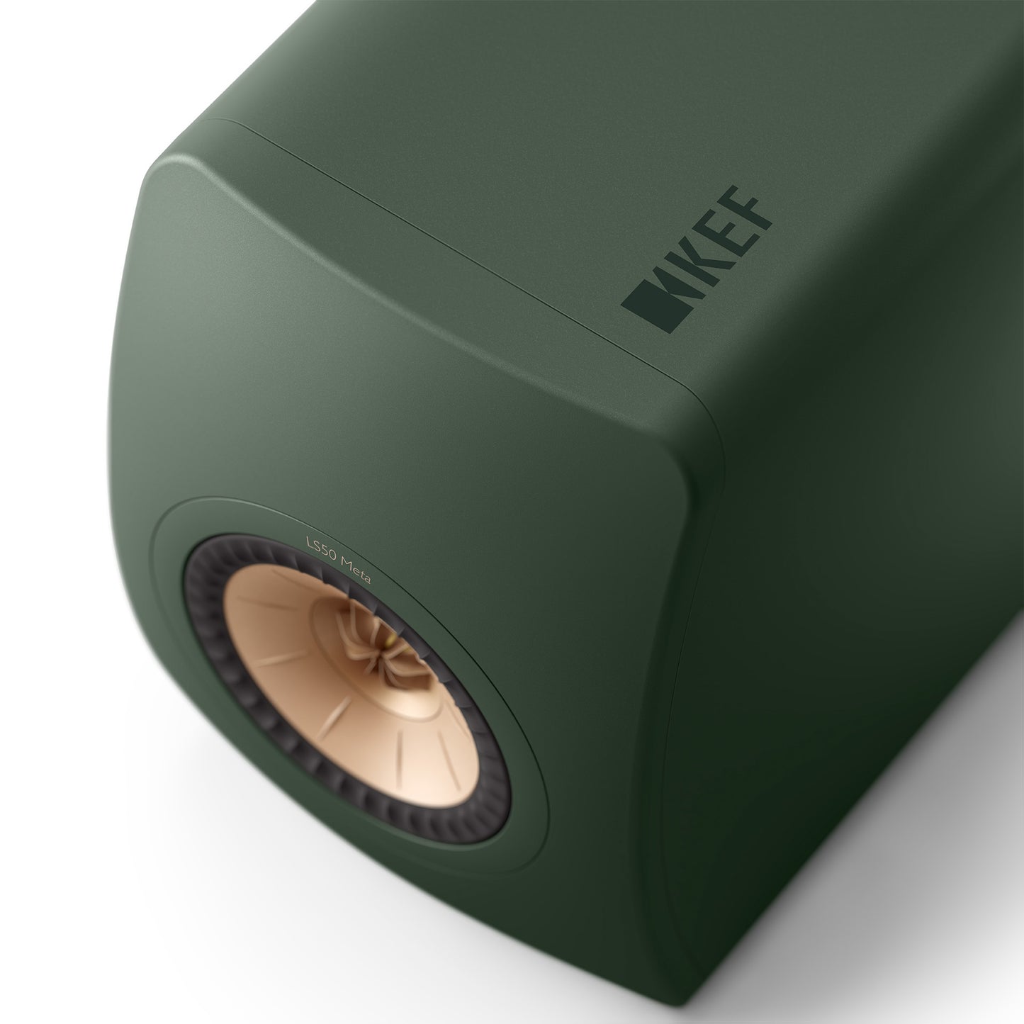 Top of KEF LS50 Meta Bookshelf Speakers in Moss Green finish
