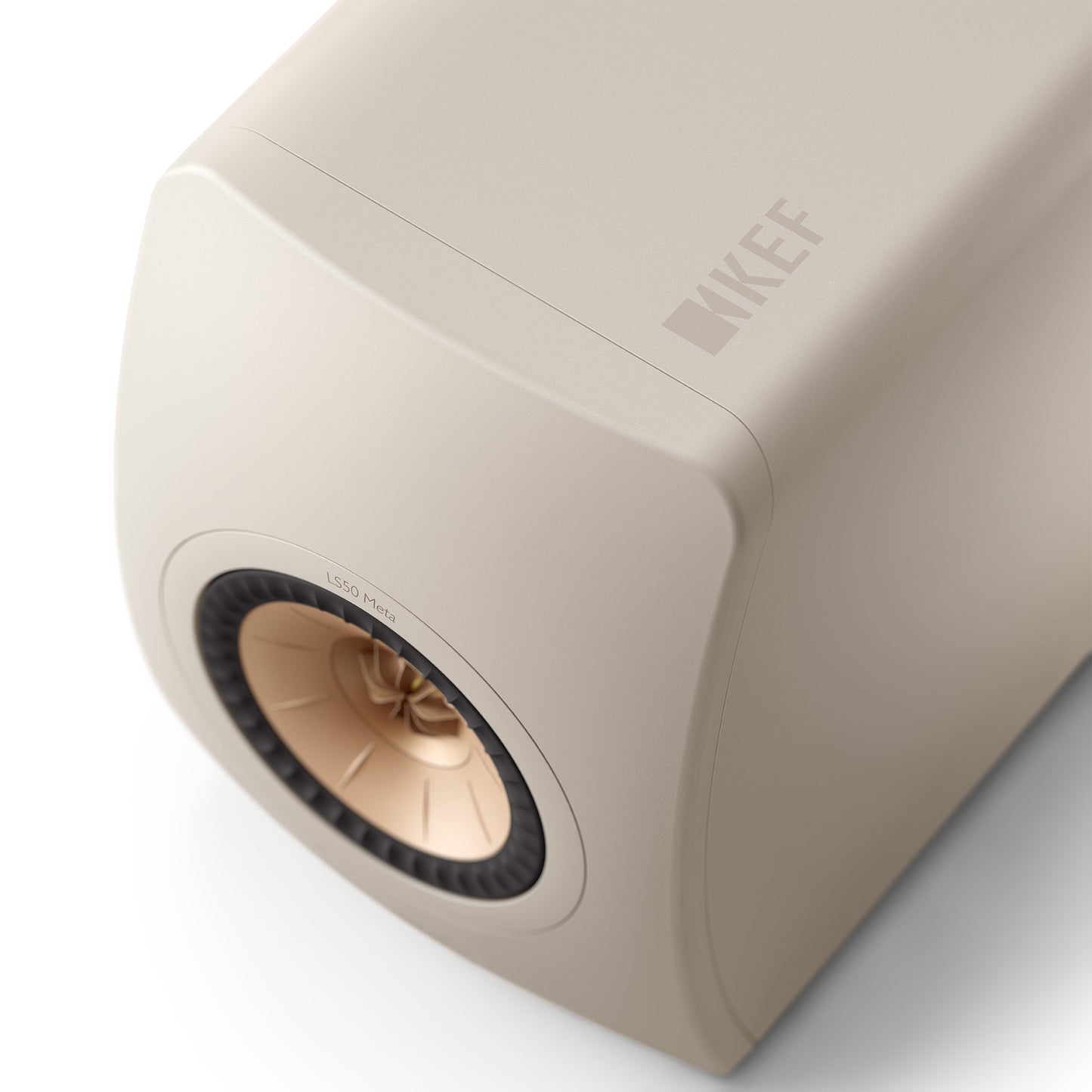Top of KEF LS50 Meta Bookshelf Speakers in Sand Shell finish