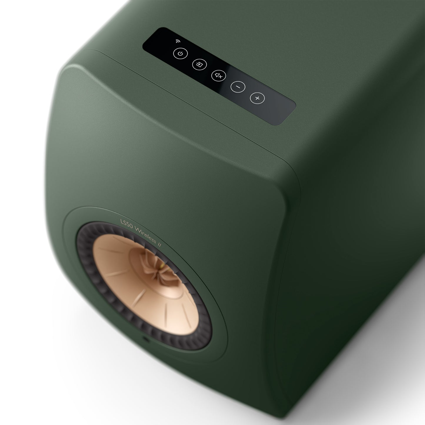 KEF LS50 Meta Moss Green close up of top controls on white background