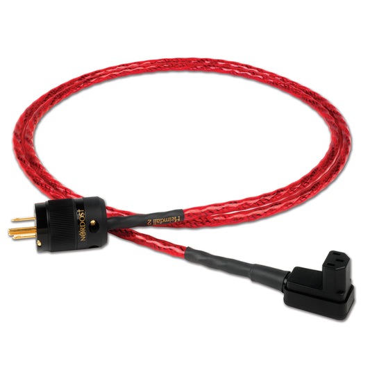 Red audio cable with black connectors on a white background