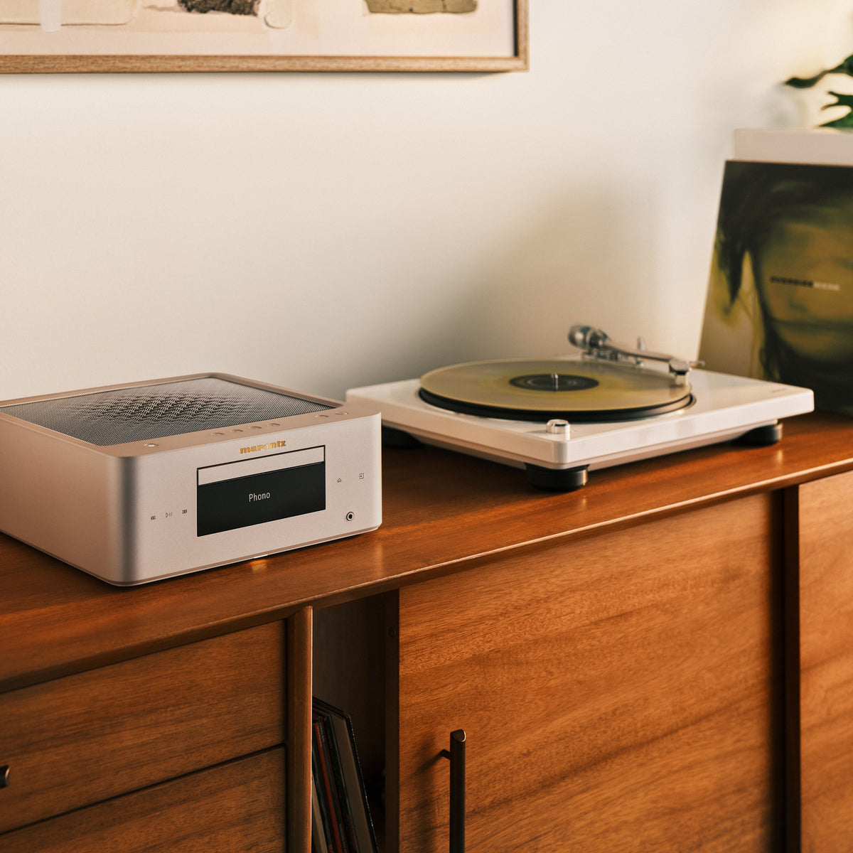 Marantz MCR-60N Compact All-In-One Hi-Fi System sitting on timber cabinet next to turntable