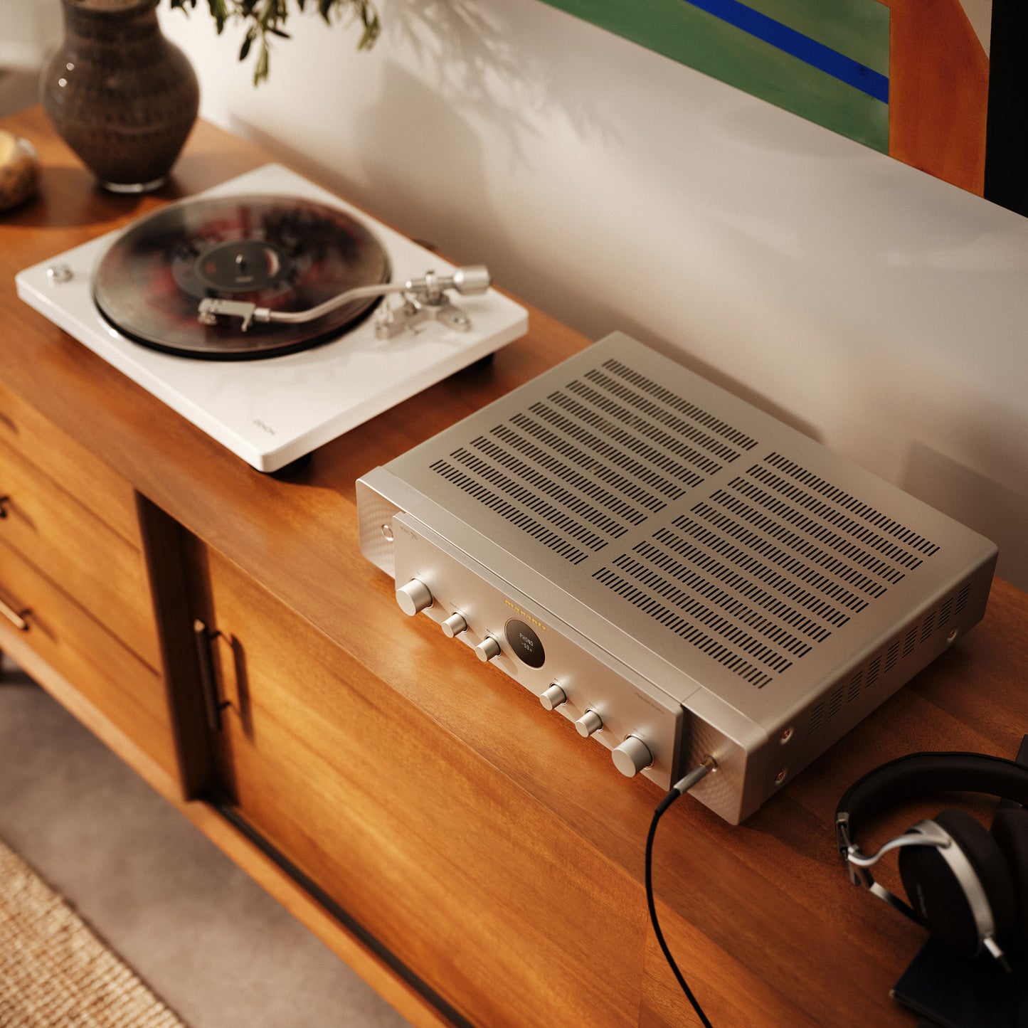 Top view of silver Marantz Model 70 Integrated Amplifier on white background