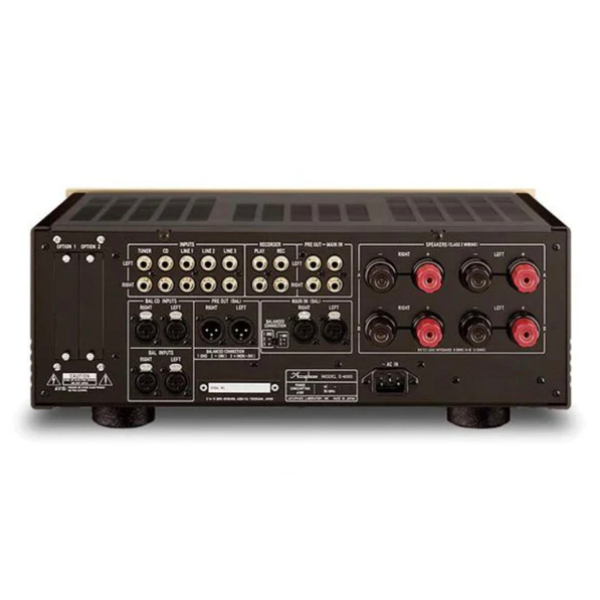 Back panel of Accuphase E-4000 Integrated Amplifier on white background
