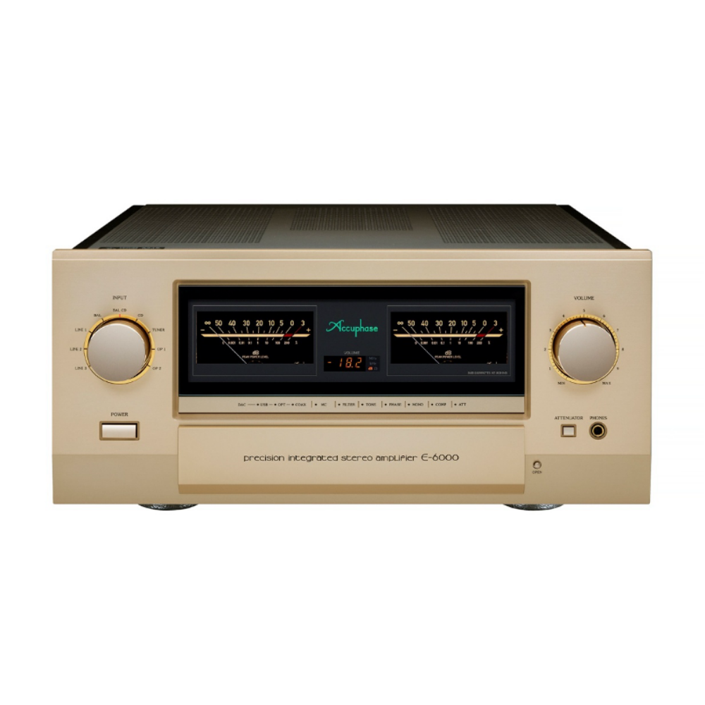 a gold Accuphase E-6000 Integrated Amplifier on a white background