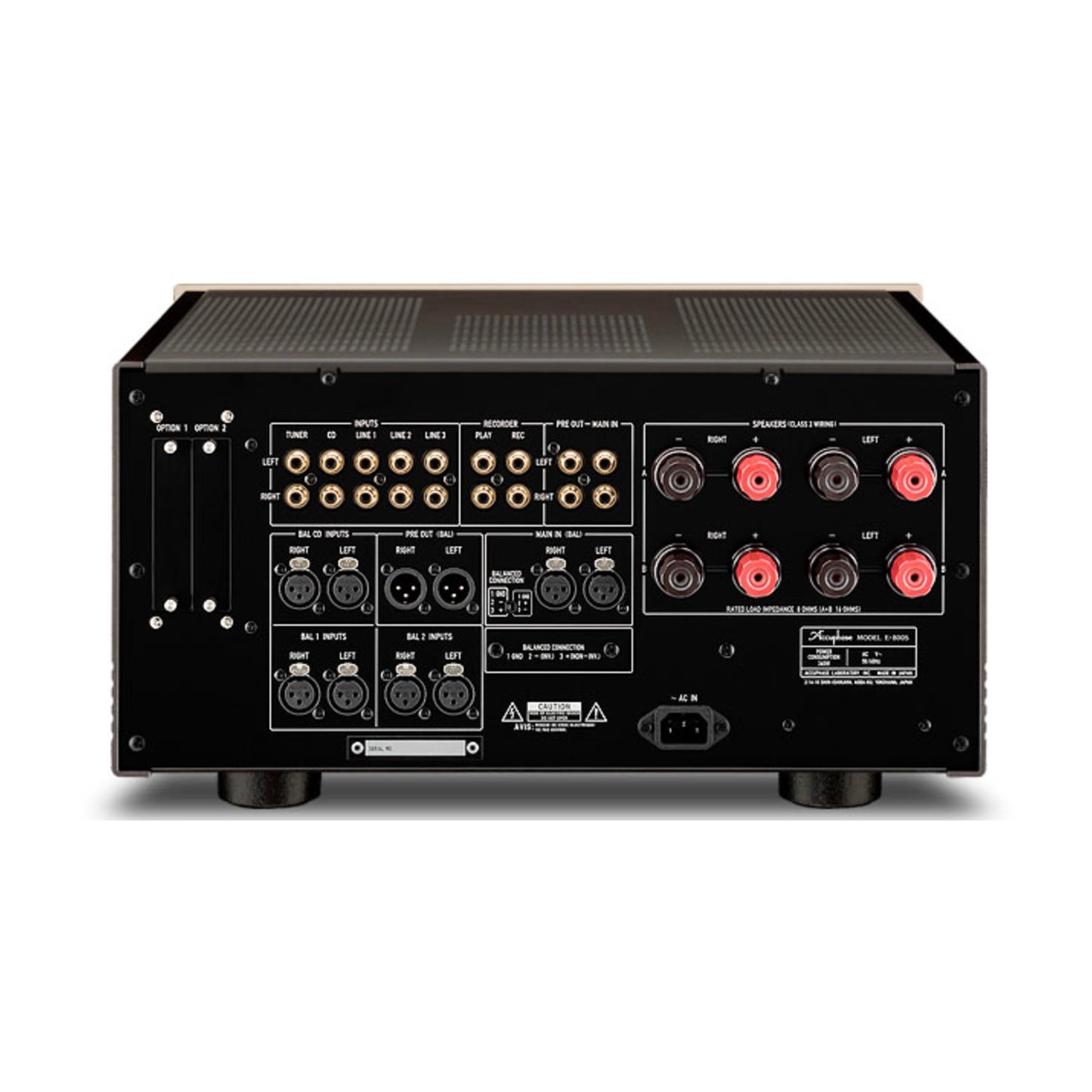 Back panel of Accuphase E-800S Integrated Amplifier on white background