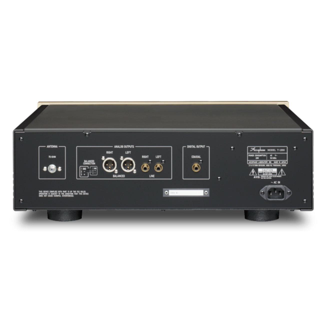 Back view of a Accuphase T-1200 FM Tuner with various connectors on a white background