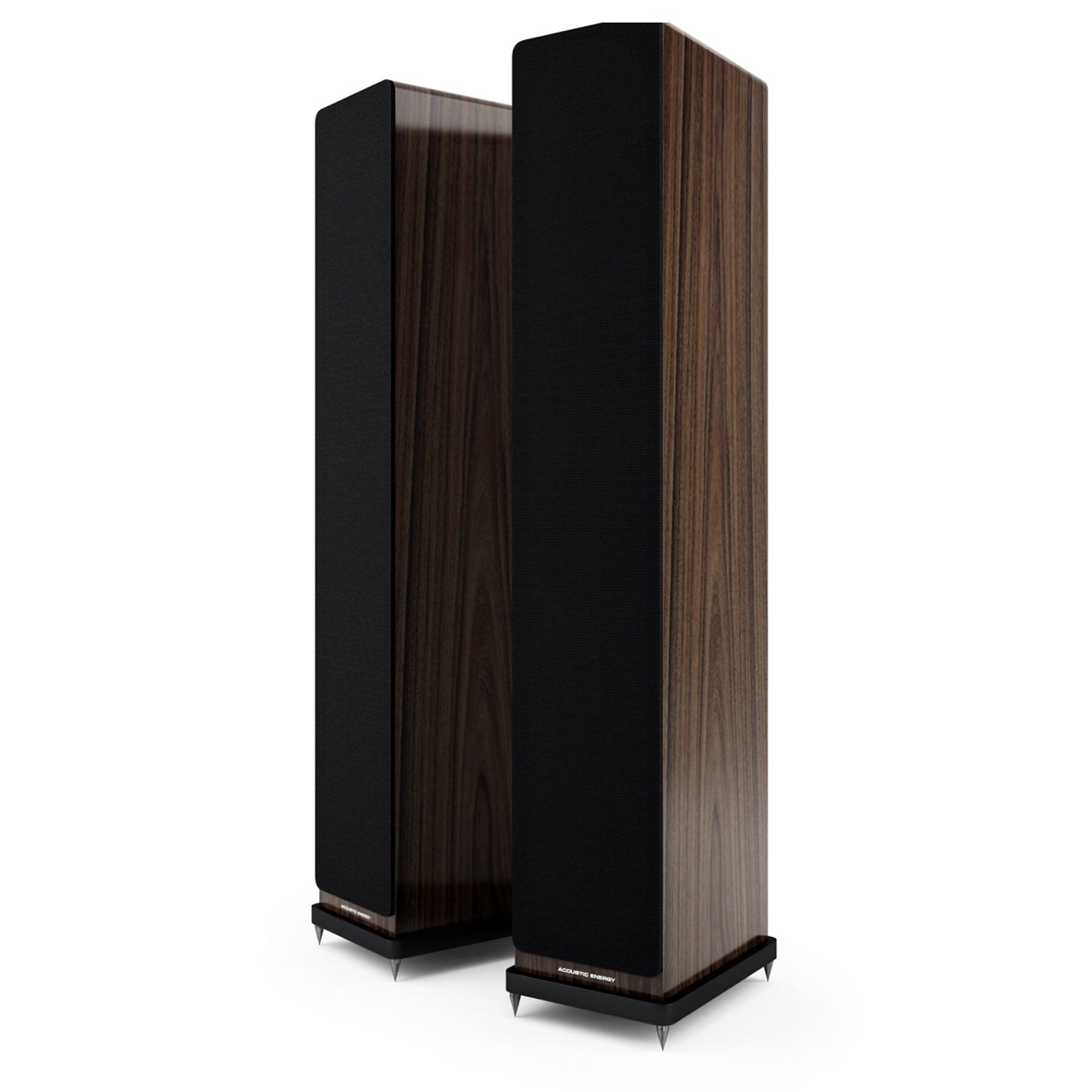 Walnut pair of Acoustic Energy AE120² Floorstanding Speakers with grille on white background