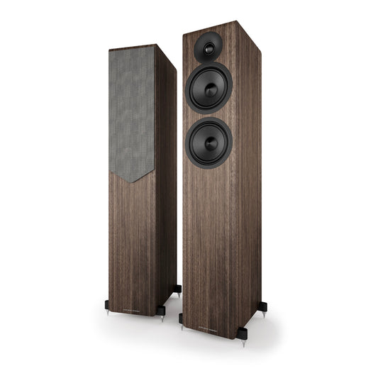 Acoustic Energy AE309² Speakers in walnut on white background