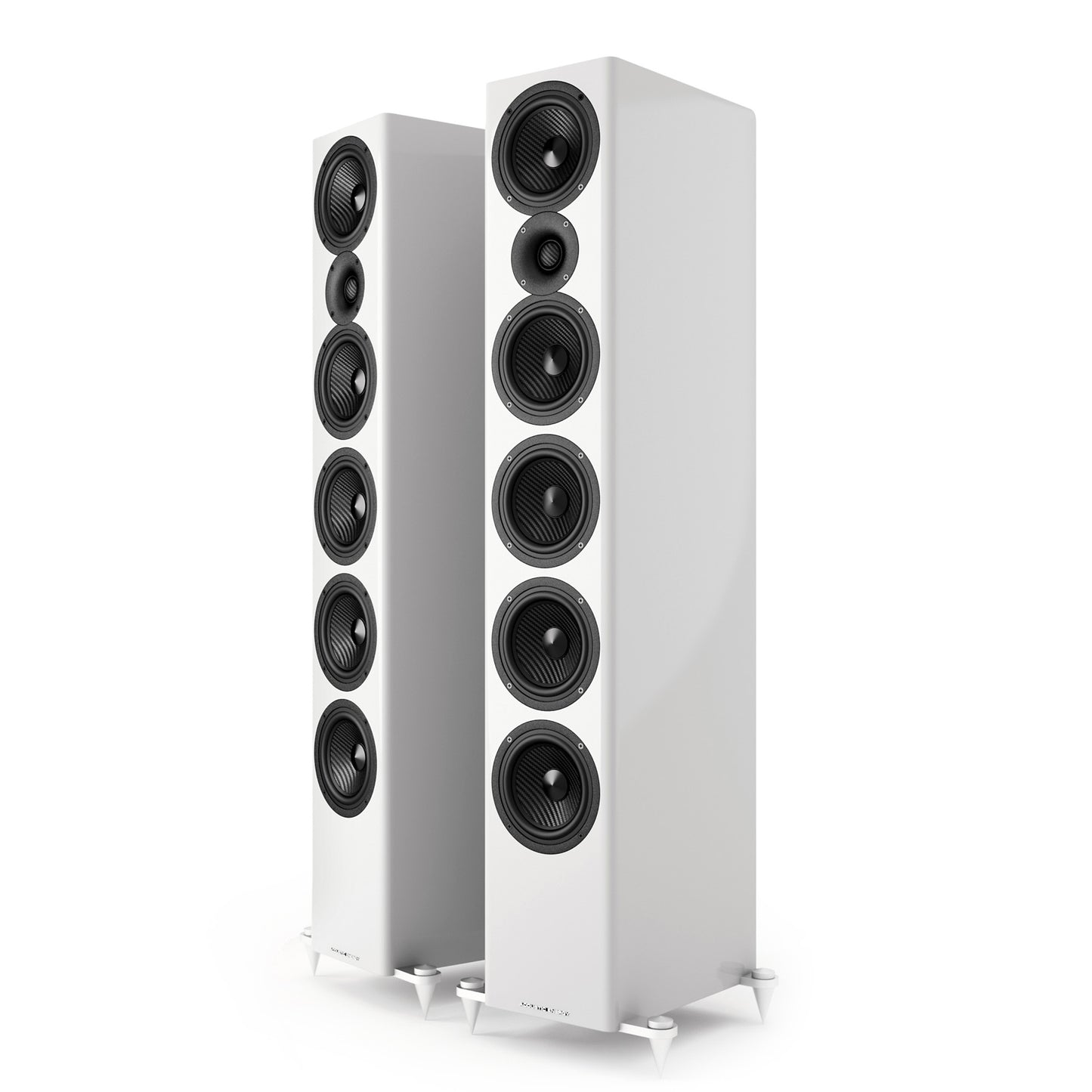 Front of white Acoustic Energy AE520 Floorstanding Speakers with grilles off