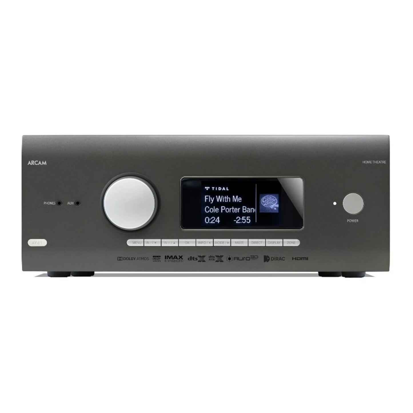 Front view of Arcam AV41 8K Home Theatre Preamplifier/Processor on white background