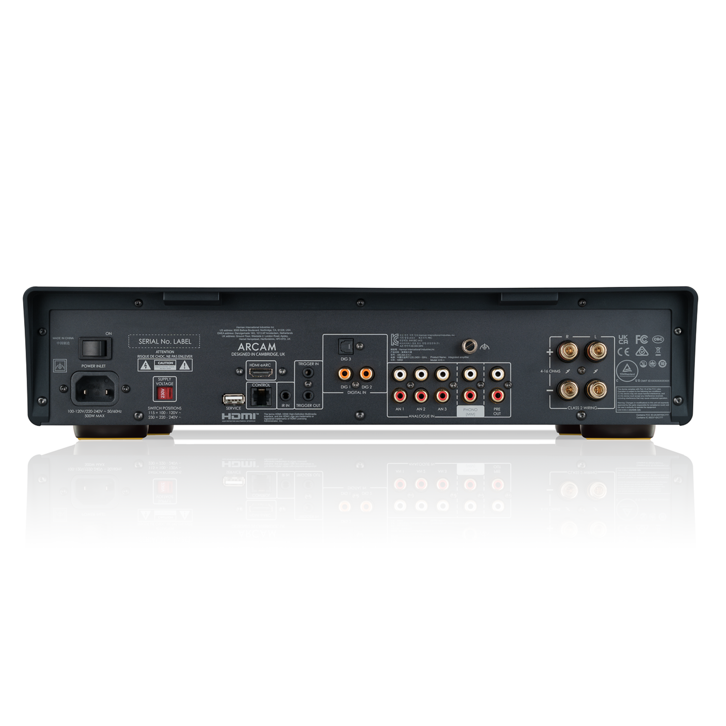 Back view of Arcam A15+ Integrated Amplifier showing connections