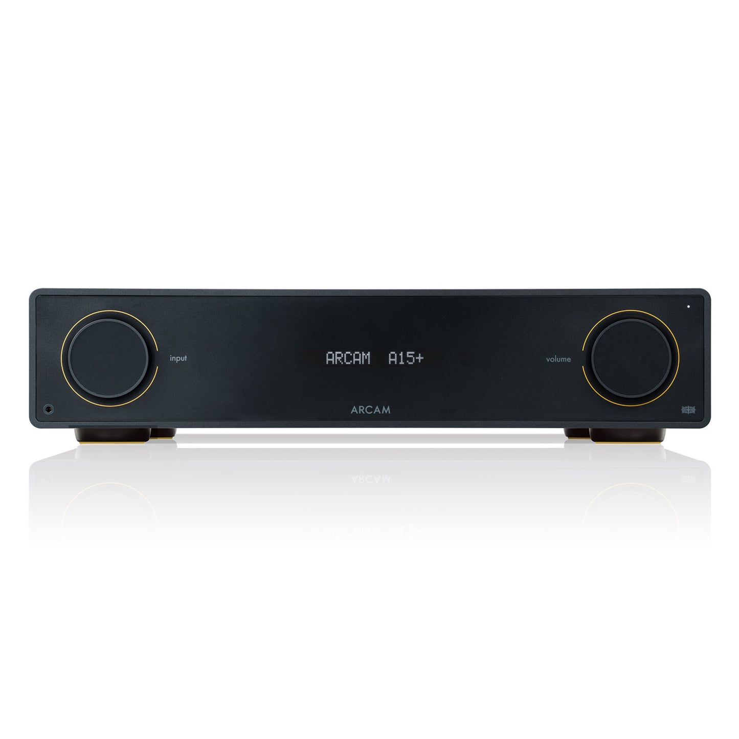 Front view of Arcam A15+ Integrated Amplifier on white background