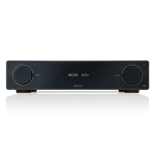 Front view of Arcam A15+ Integrated Amplifier on white background