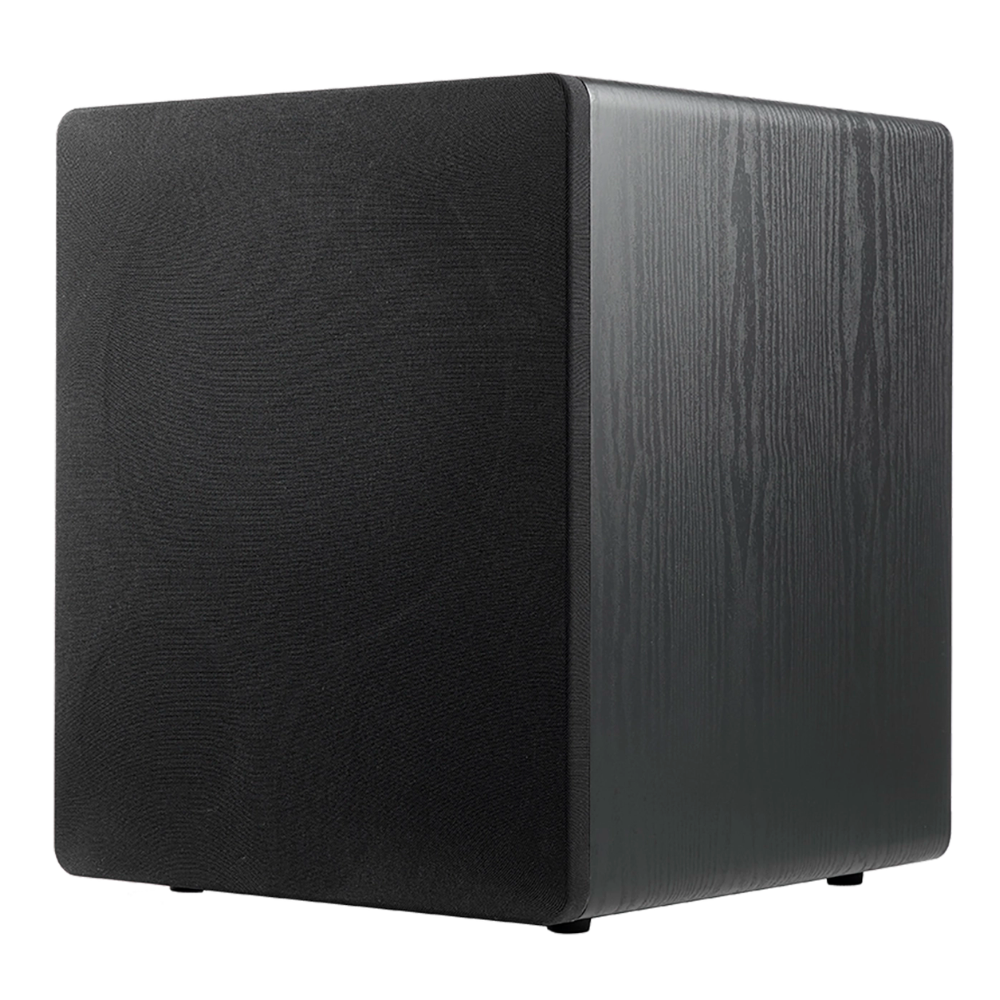 Angle view of Ascendo The12 Sub Active Vented Subwoofer in black ash with grille on
