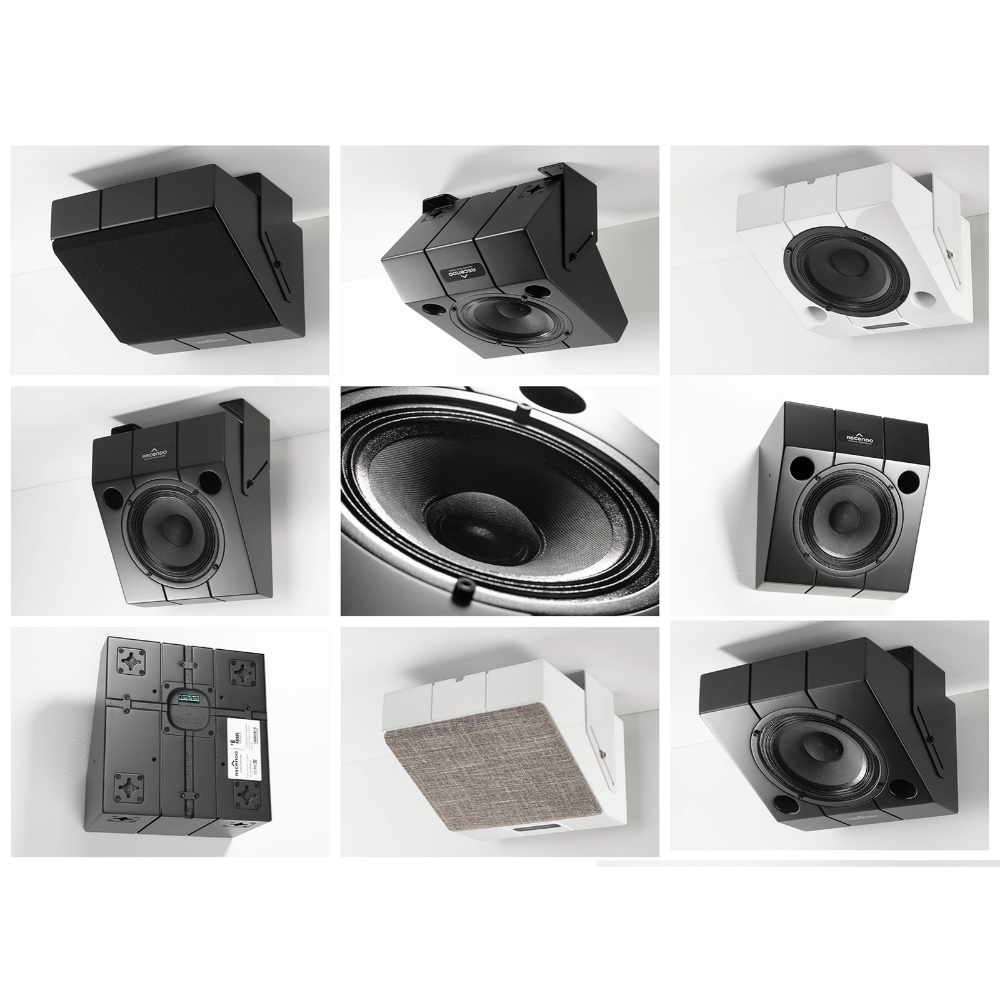 A 3x3 collage showing multiple views of a wall-mounted square speaker system, including front, side, back, and close-up details in black and white.