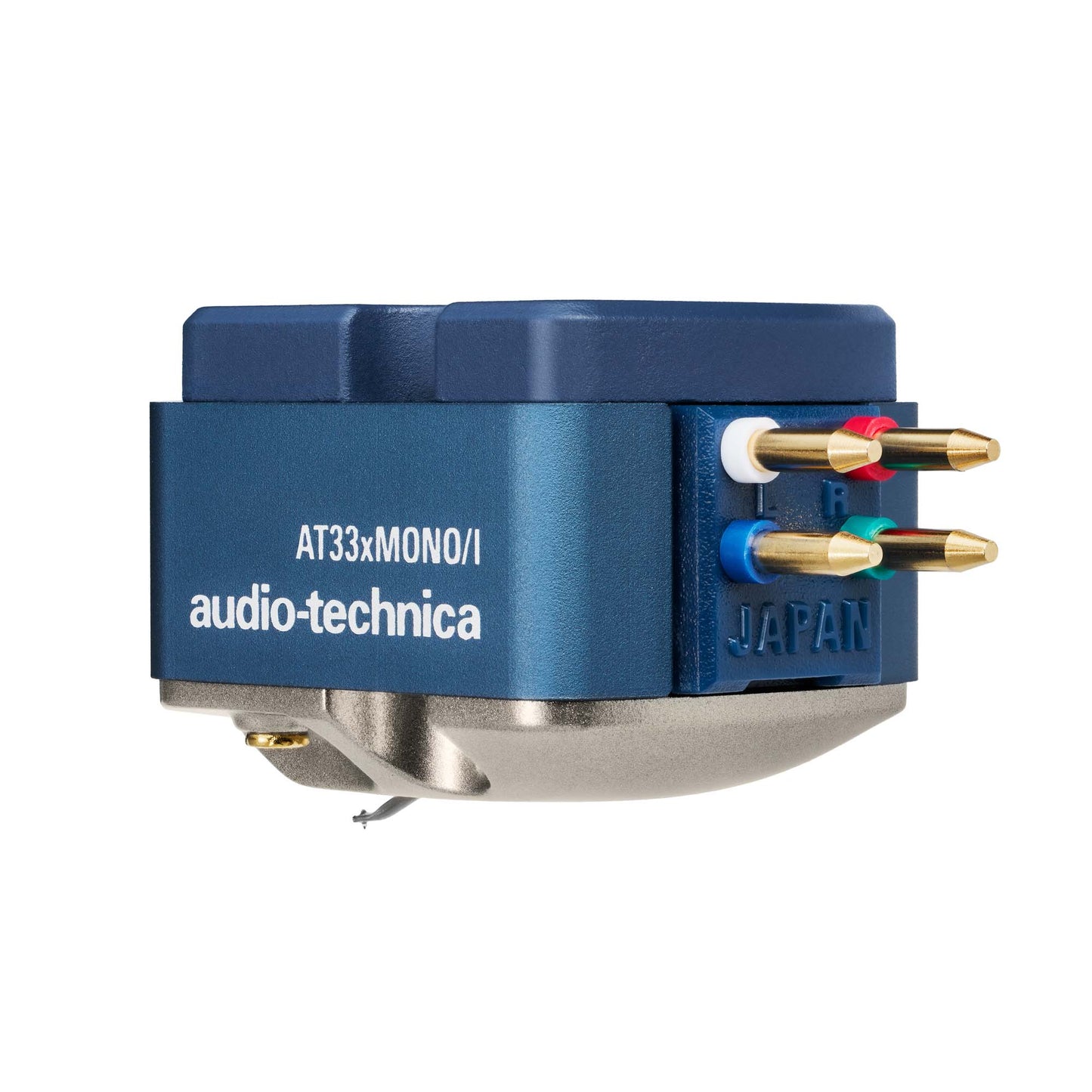 Rear view of Audio Technica AT33xMono/I Dual Moving Coil Monaural Cartridge on white background