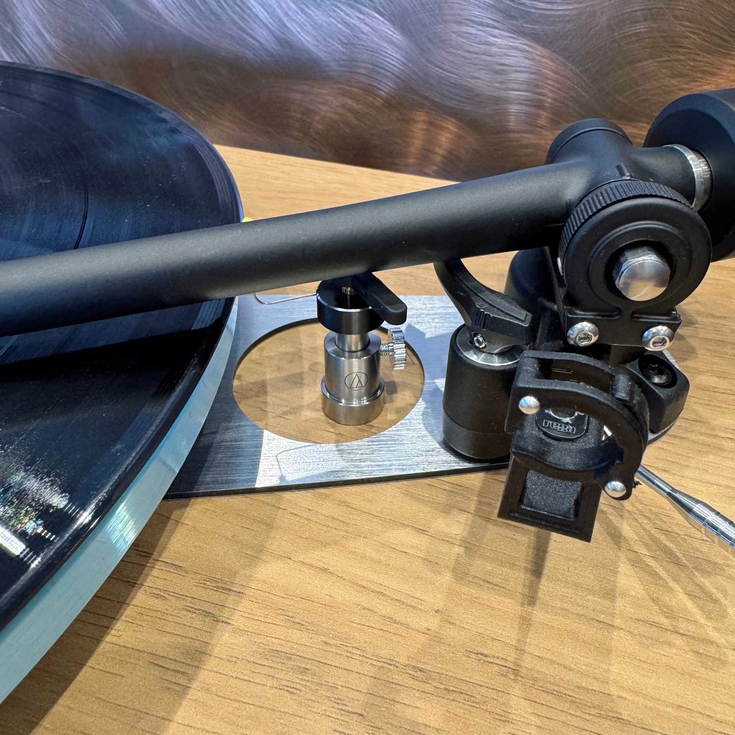 Rega Turntable shown with optional Audio Technica AT6006R Tonearm Safety Raiser