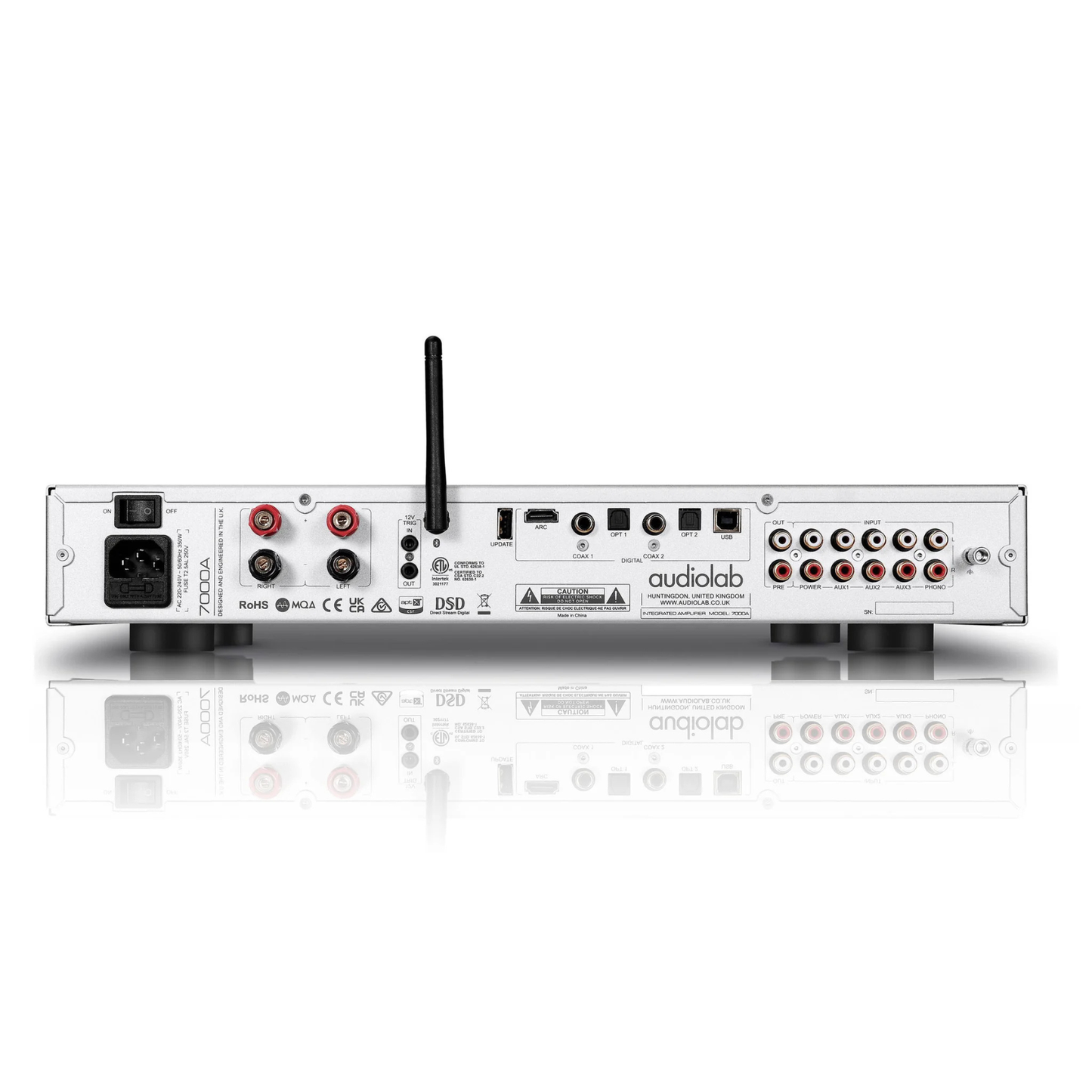 Back view of silver Audiolab 7000A Stereo Amplifier on white background