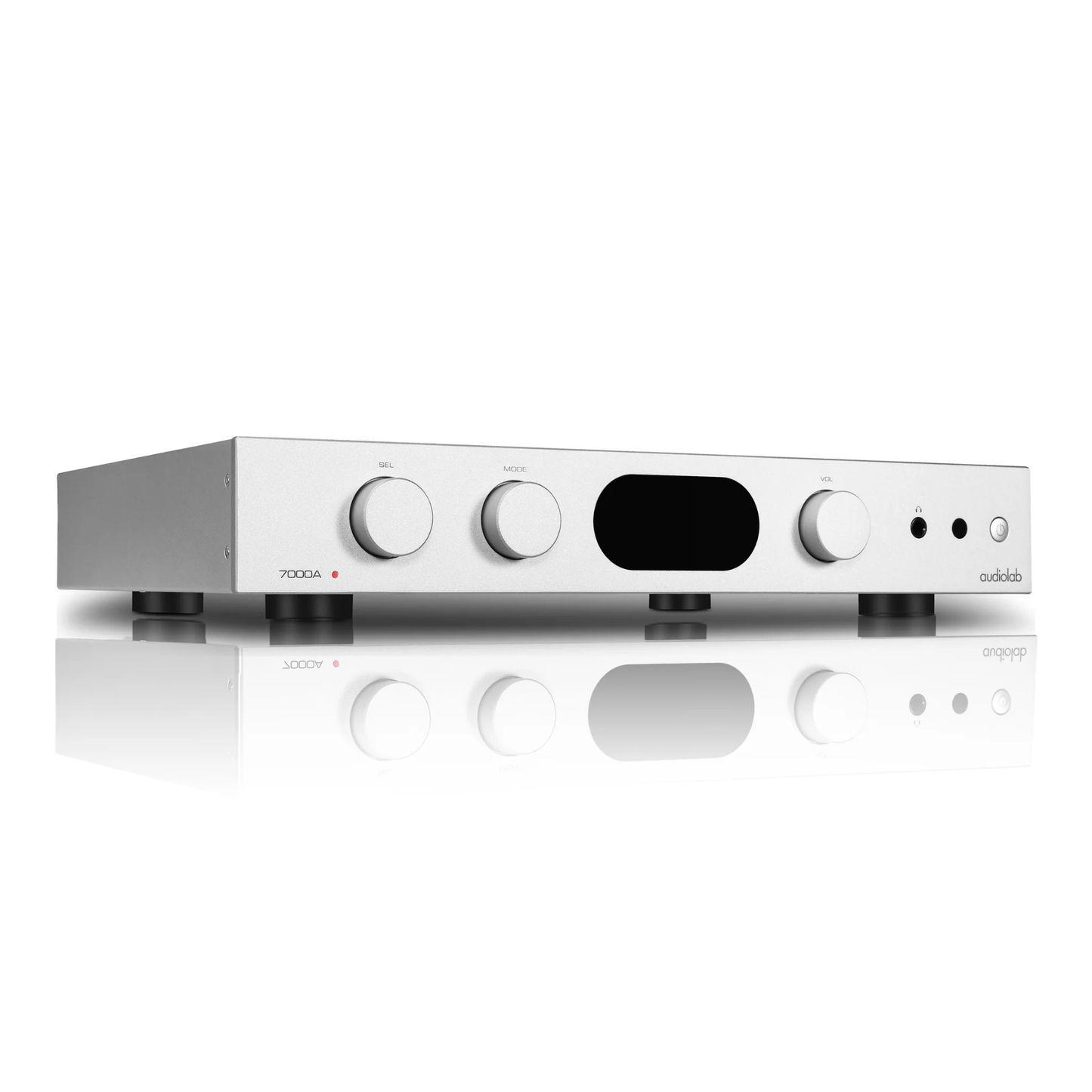 Front angle of silver Audiolab 7000A Stereo Amplifier on white background