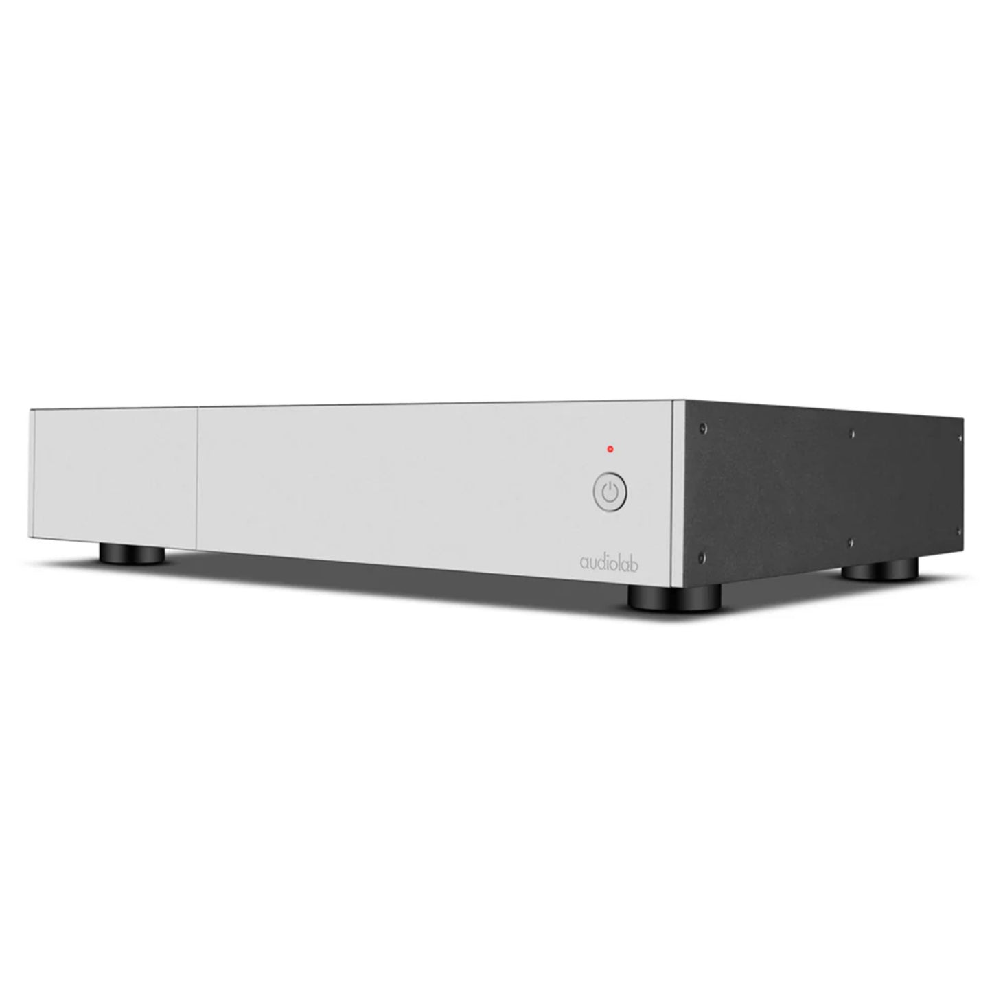Front angle view of silver Audiolab 9000P Power Amplifier