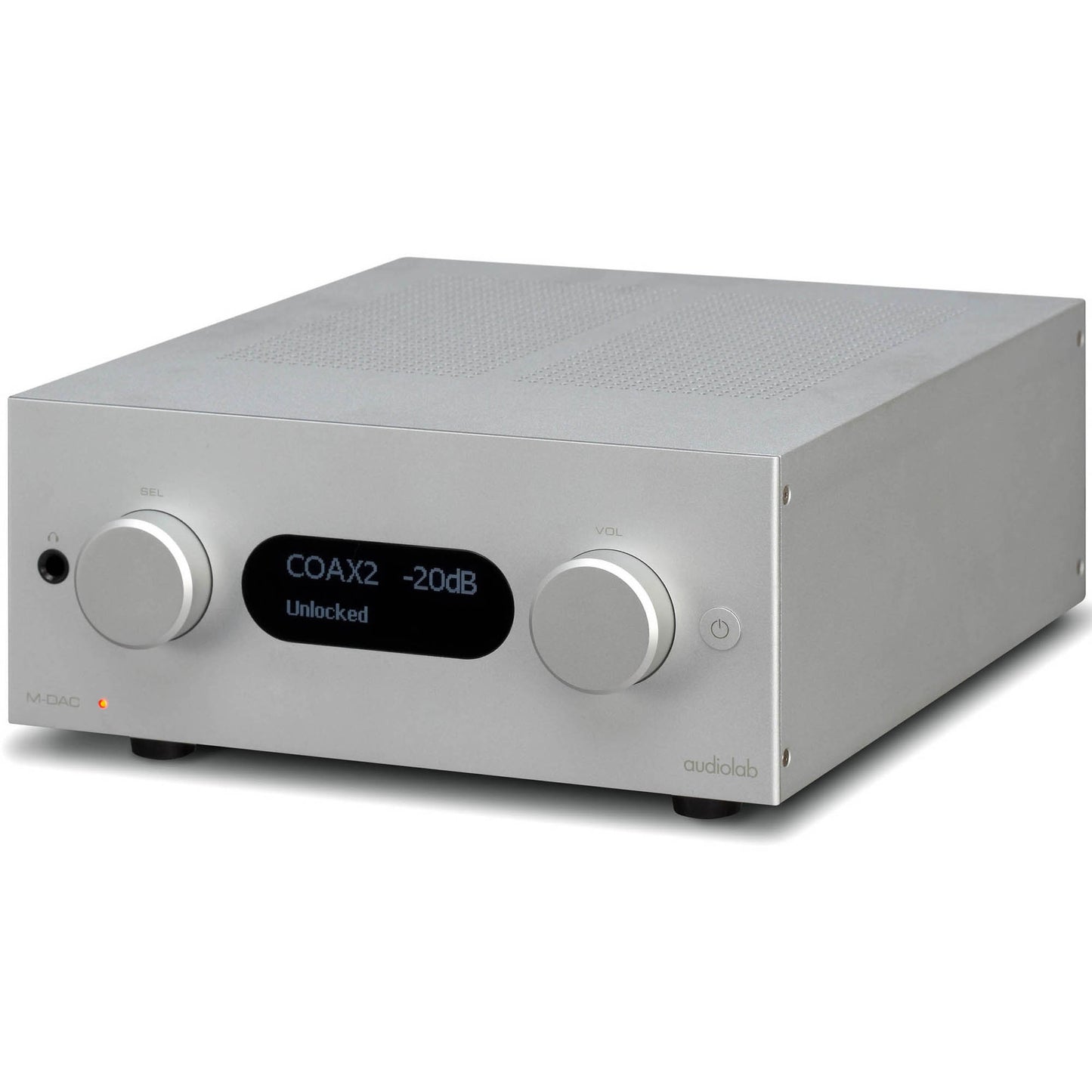 Top angle view of silver Audiolab M-DAC+ DAC/Preamp