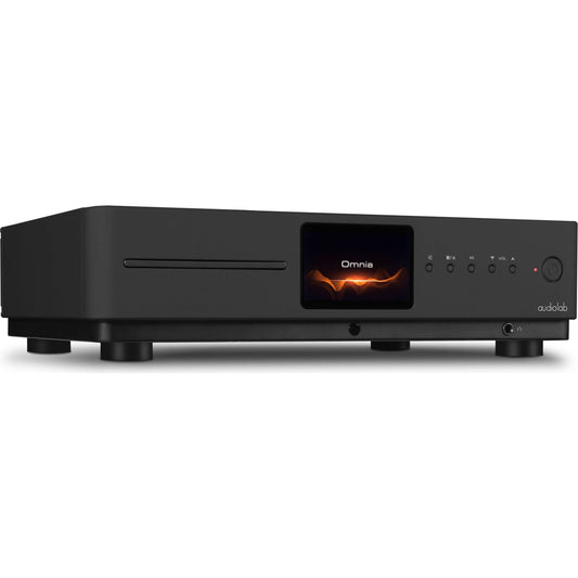 A black Audiolab Omnia Stereo Amplifier with built-in CD player, featuring a display and control buttons on the front panel.