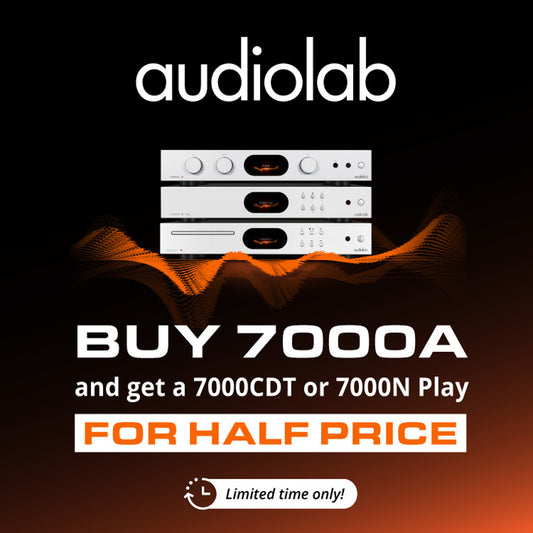 Audiolab advertisement with audio equipment and promotional text on a dark background