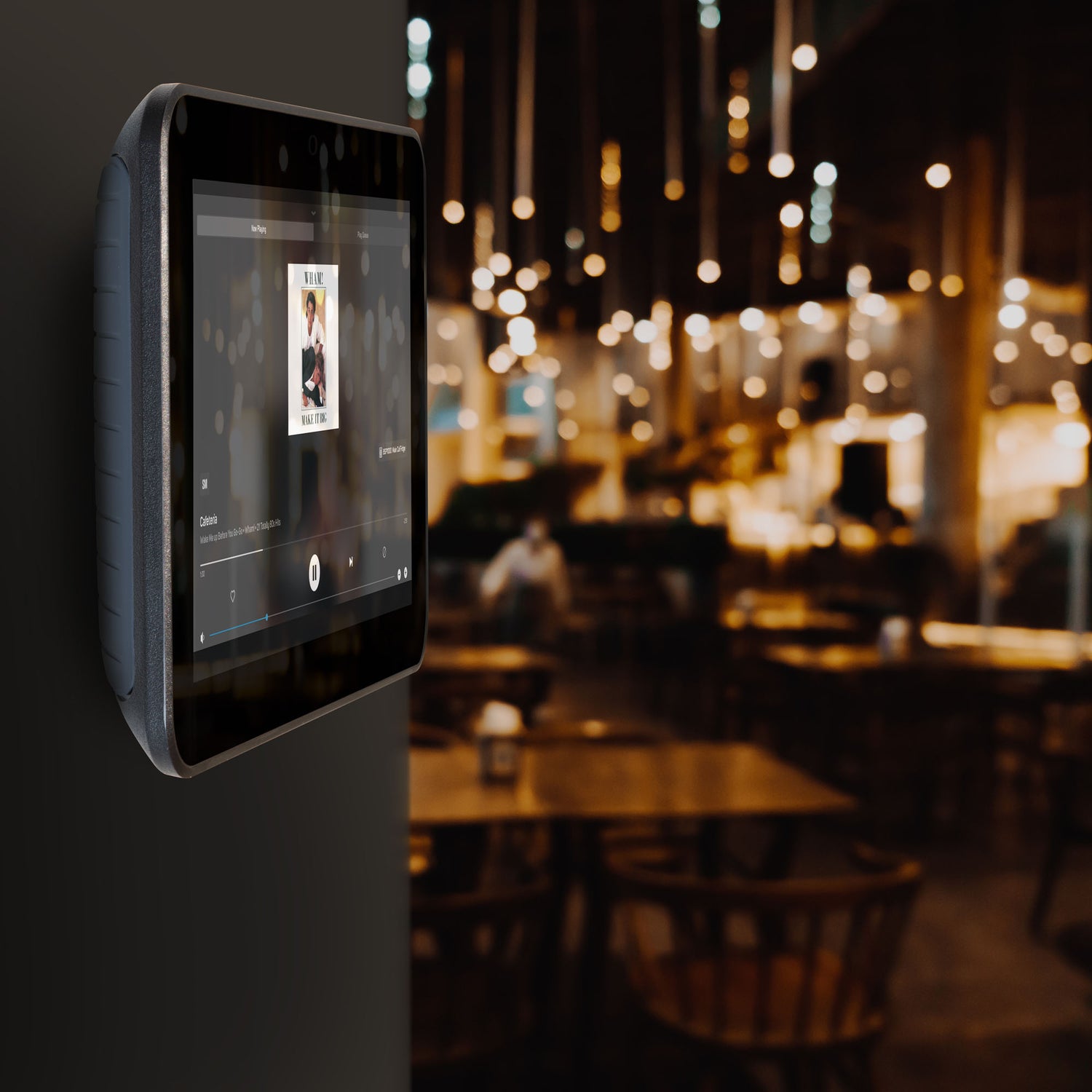 Bluesound Controller on wall at restaurant