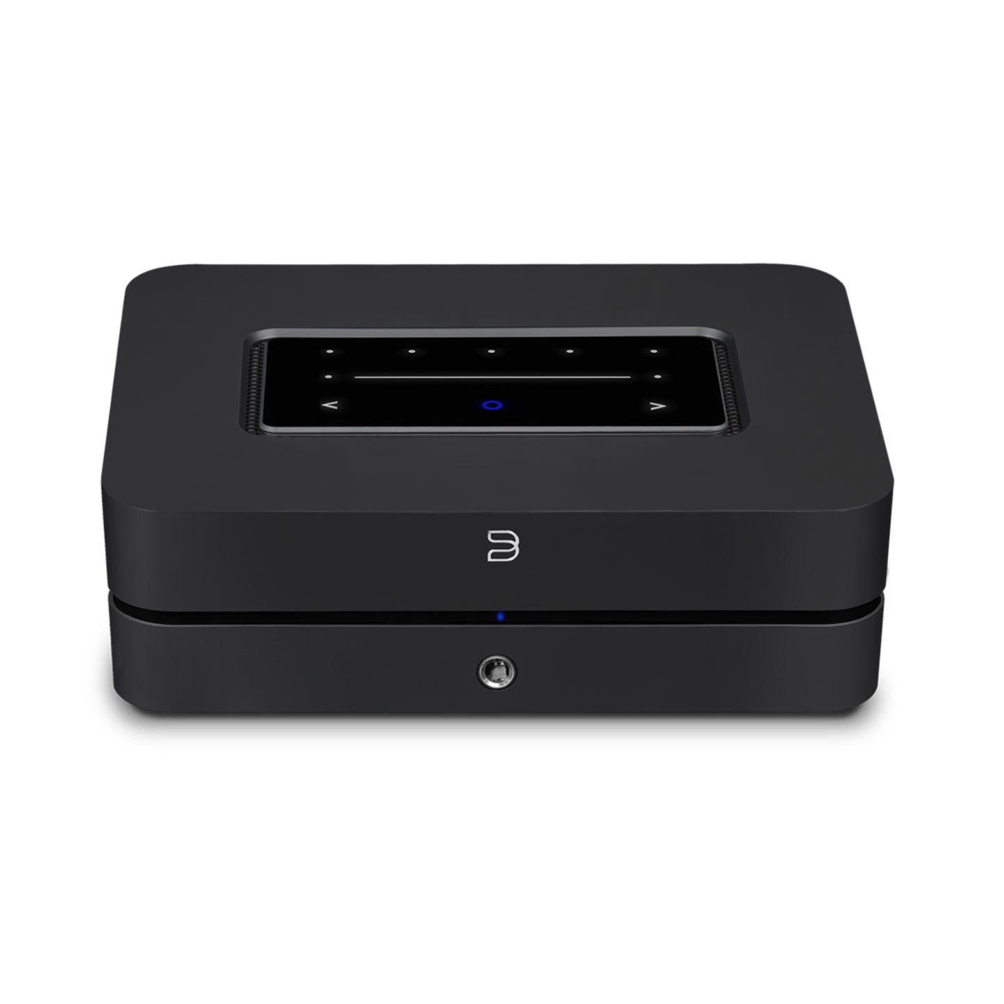 Black Bluesound Powernode Streaming Amplifier with display on a white background