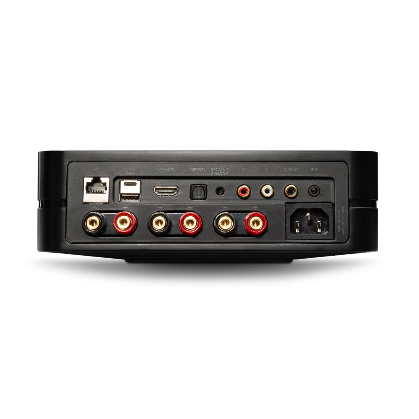 Back view of a Bluesound Powernode Streaming Amplifier with various ports on a white background