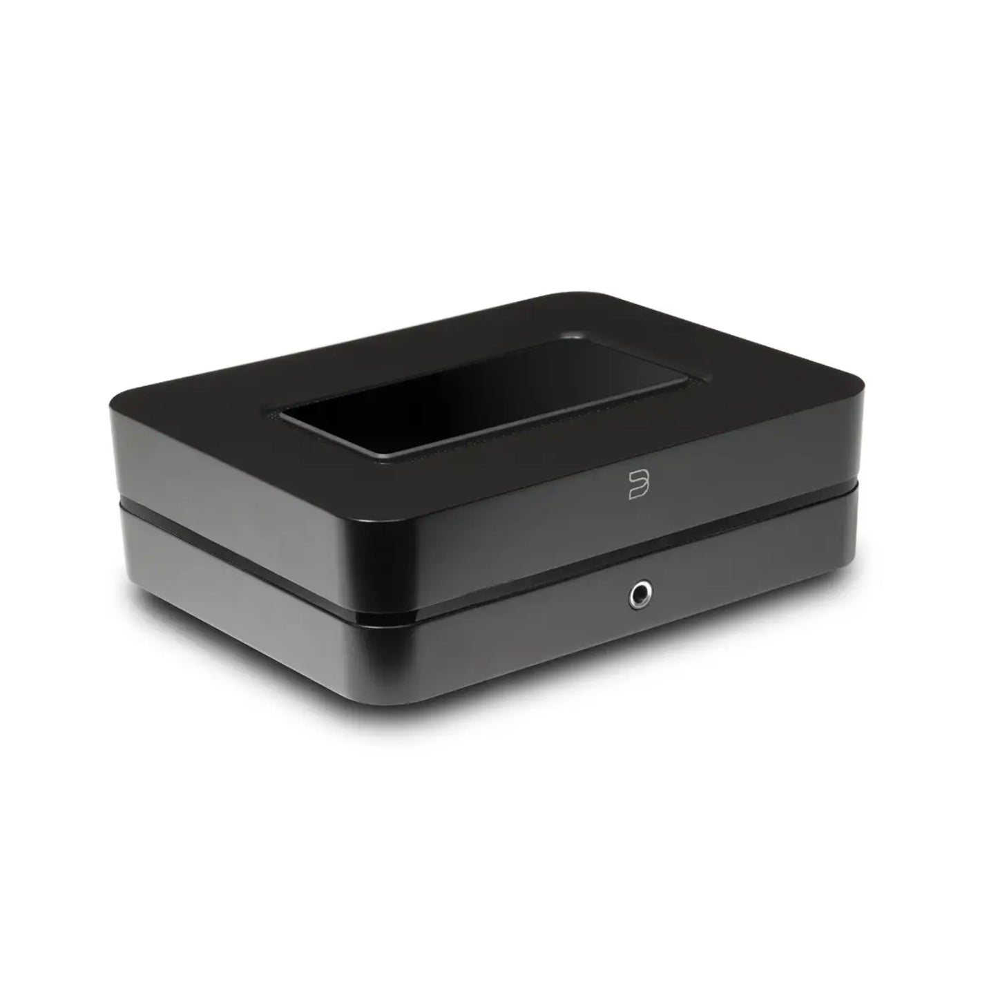 Angle view of a black Bluesound Powernode Streaming Amplifier on a white background