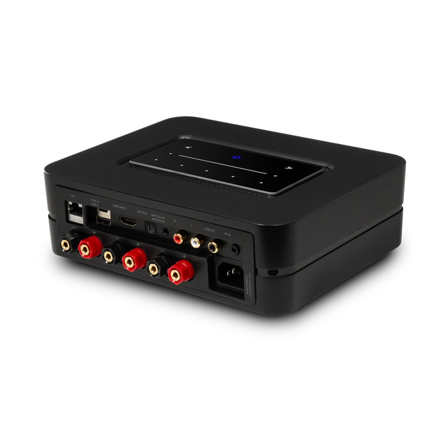 Black Bluesound Powernode Streaming Amplifier with connectivity ports on a white background