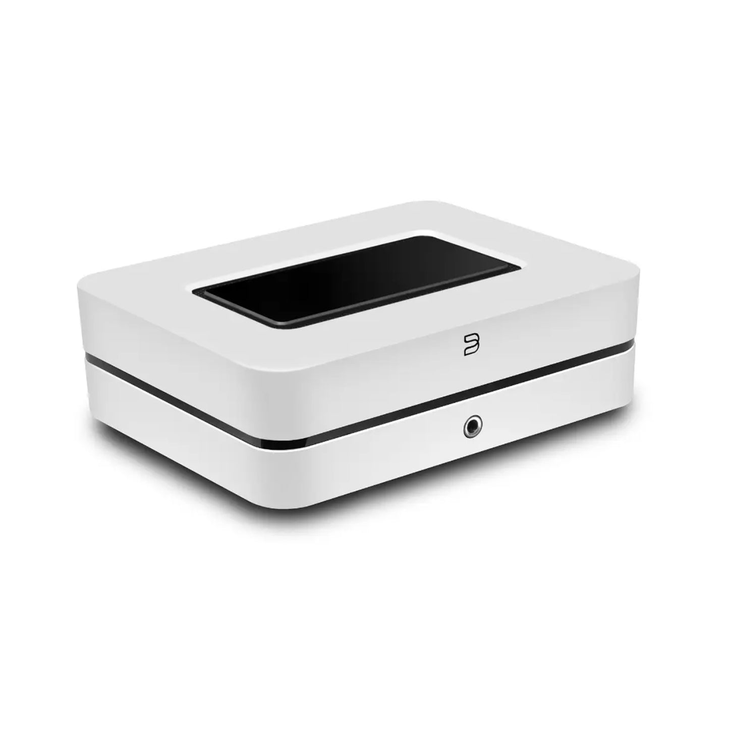White Bluesound Powernode Streaming Amplifier with a black screen on a white background