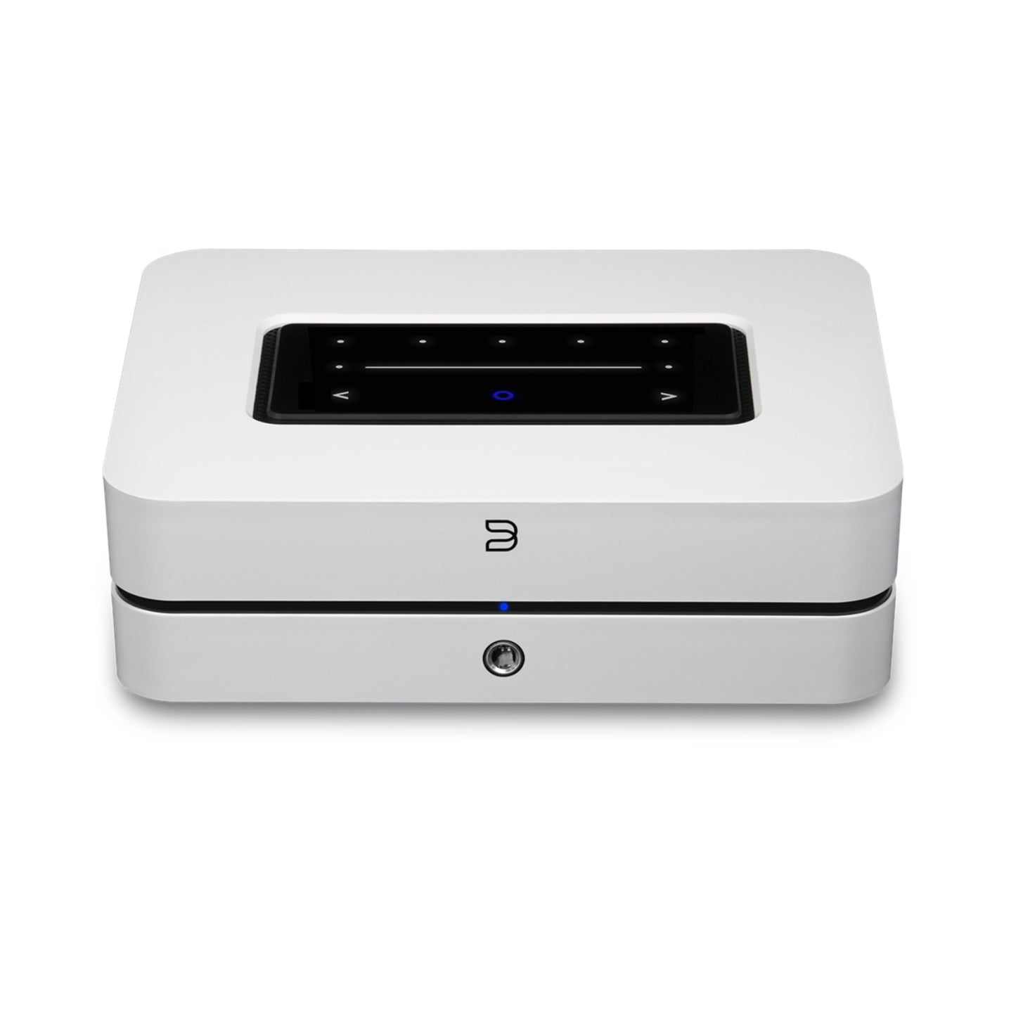 White Bluesound Powernode Streaming Amplifier with a screen on a white background