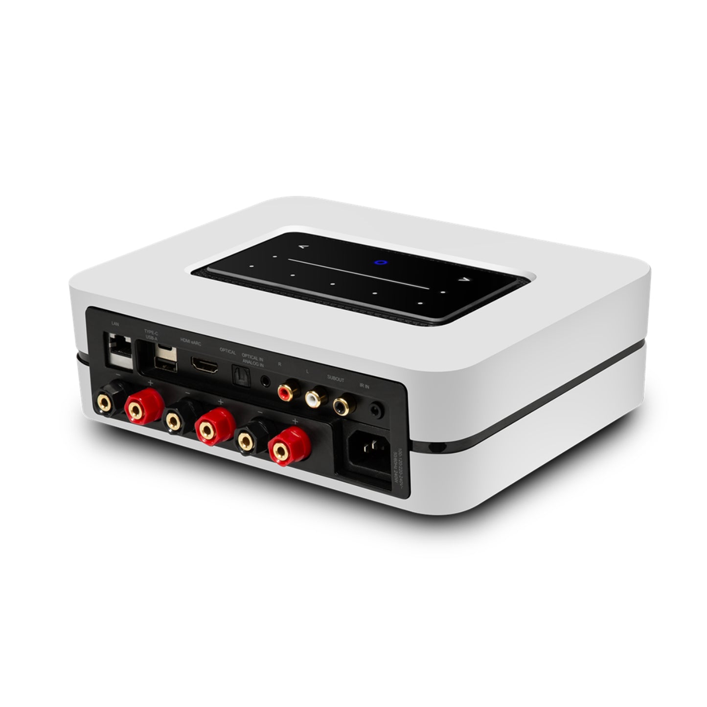 White Bluesound Powernode Streaming Amplifier with a screen and multiple ports on a white background
