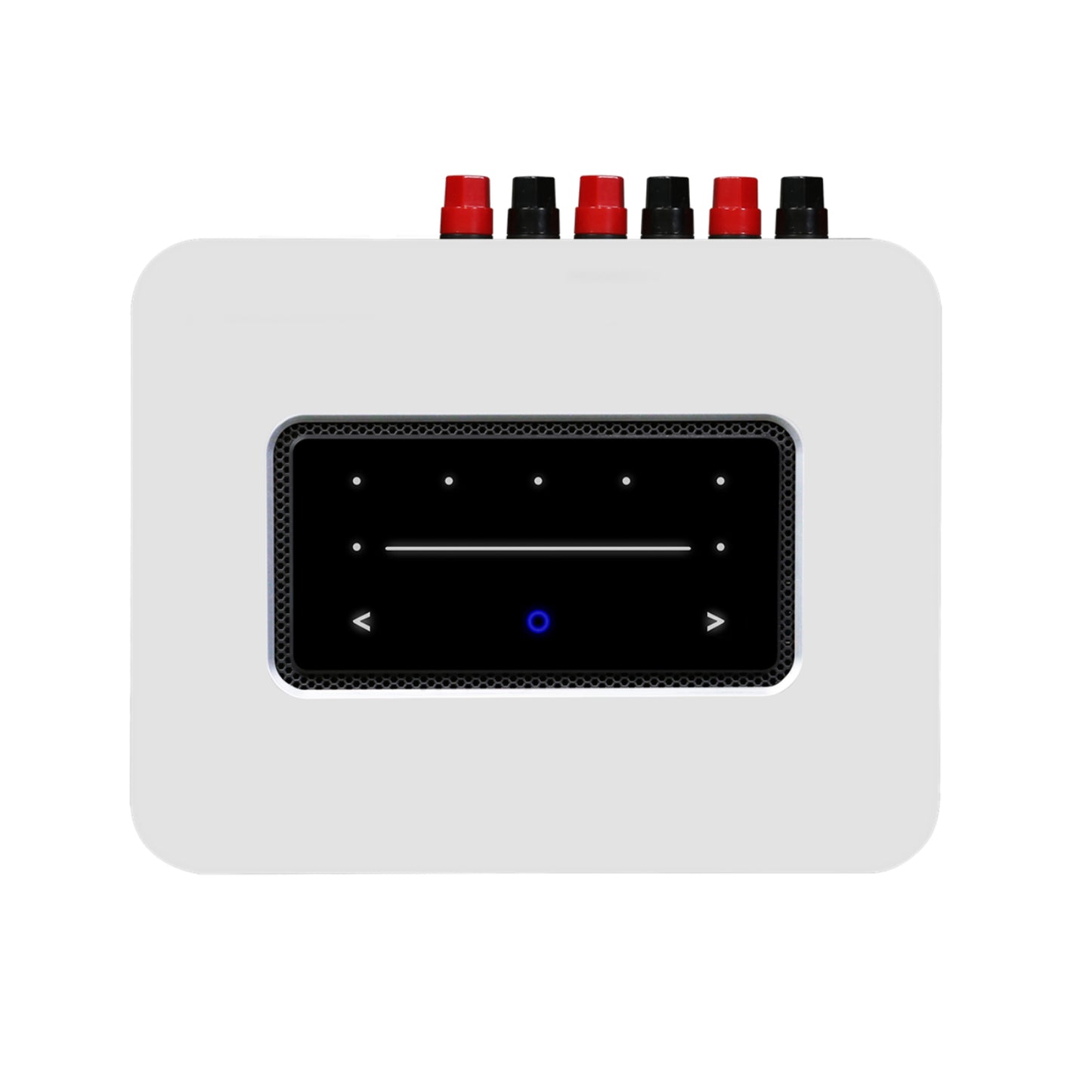White Bluesound Powernode Streaming Amplifier with control buttons on a white background