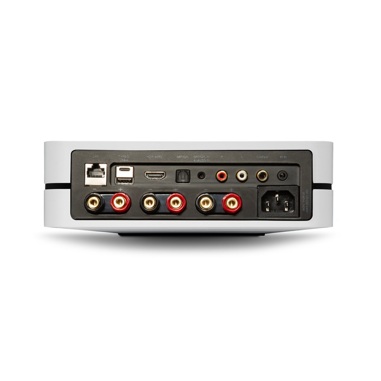 Back view of a white Bluesound Powernode Streaming Amplifier with various ports on a white background