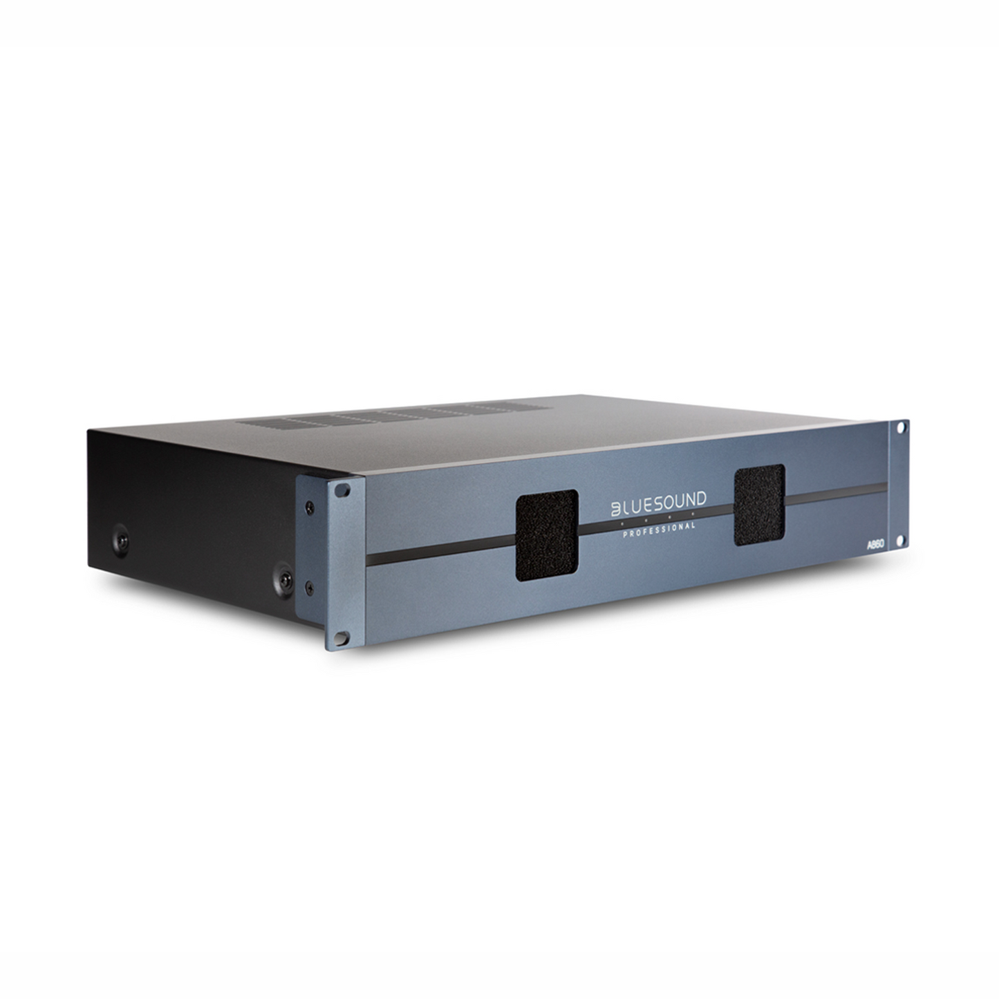 Angle view of Bluesound Professional A860 8 Channel Amplifier on white background