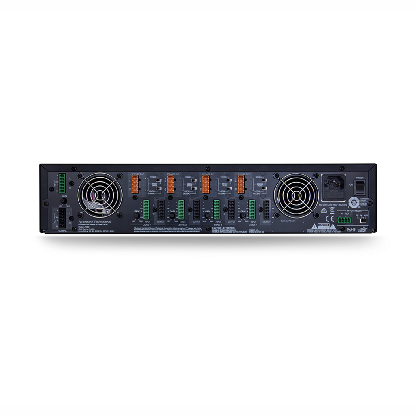 Rear panel of Bluesound Professional A860 8 Channel Amplifier on white background