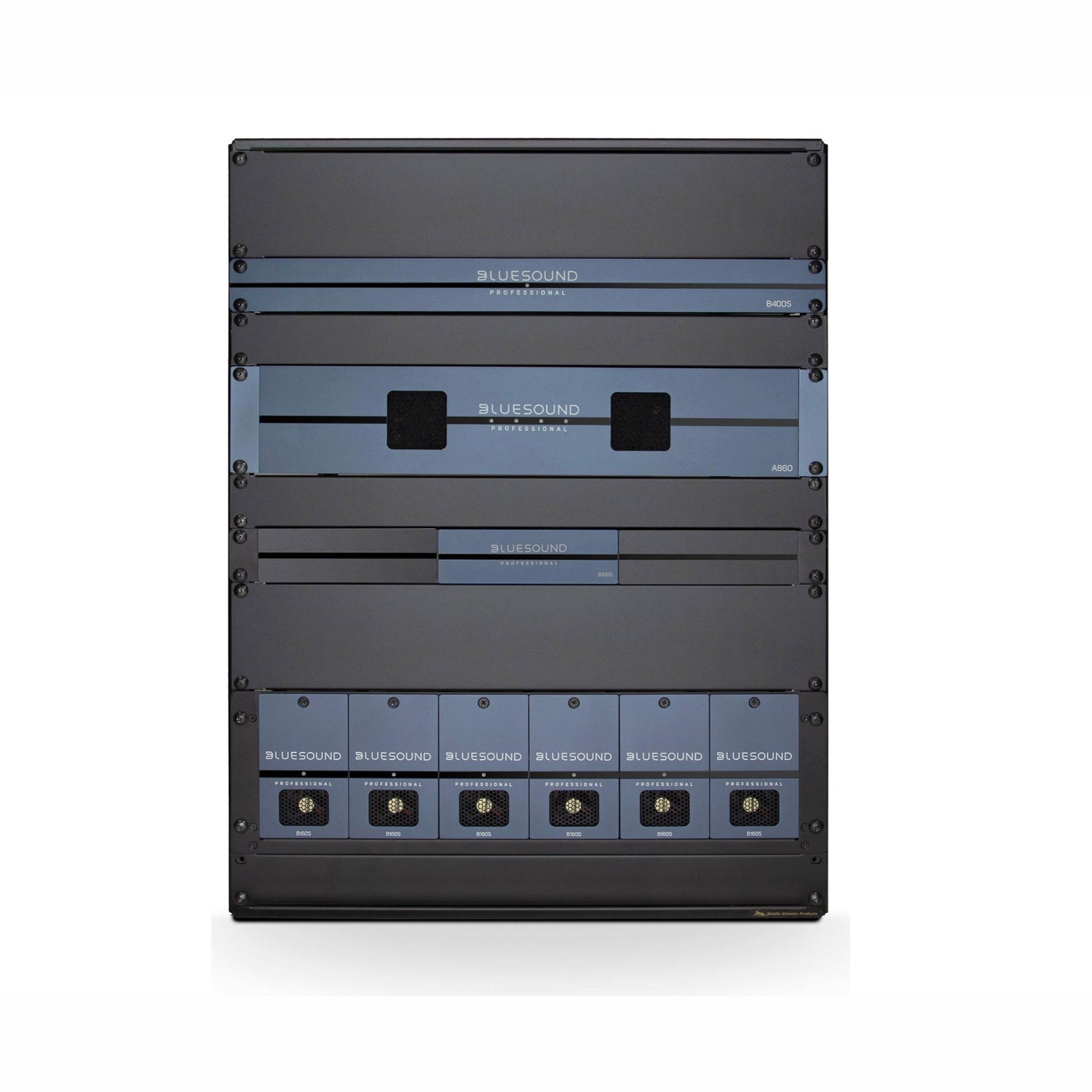 Bluesound Professional B100S Music Streamer on rack (sold separately)