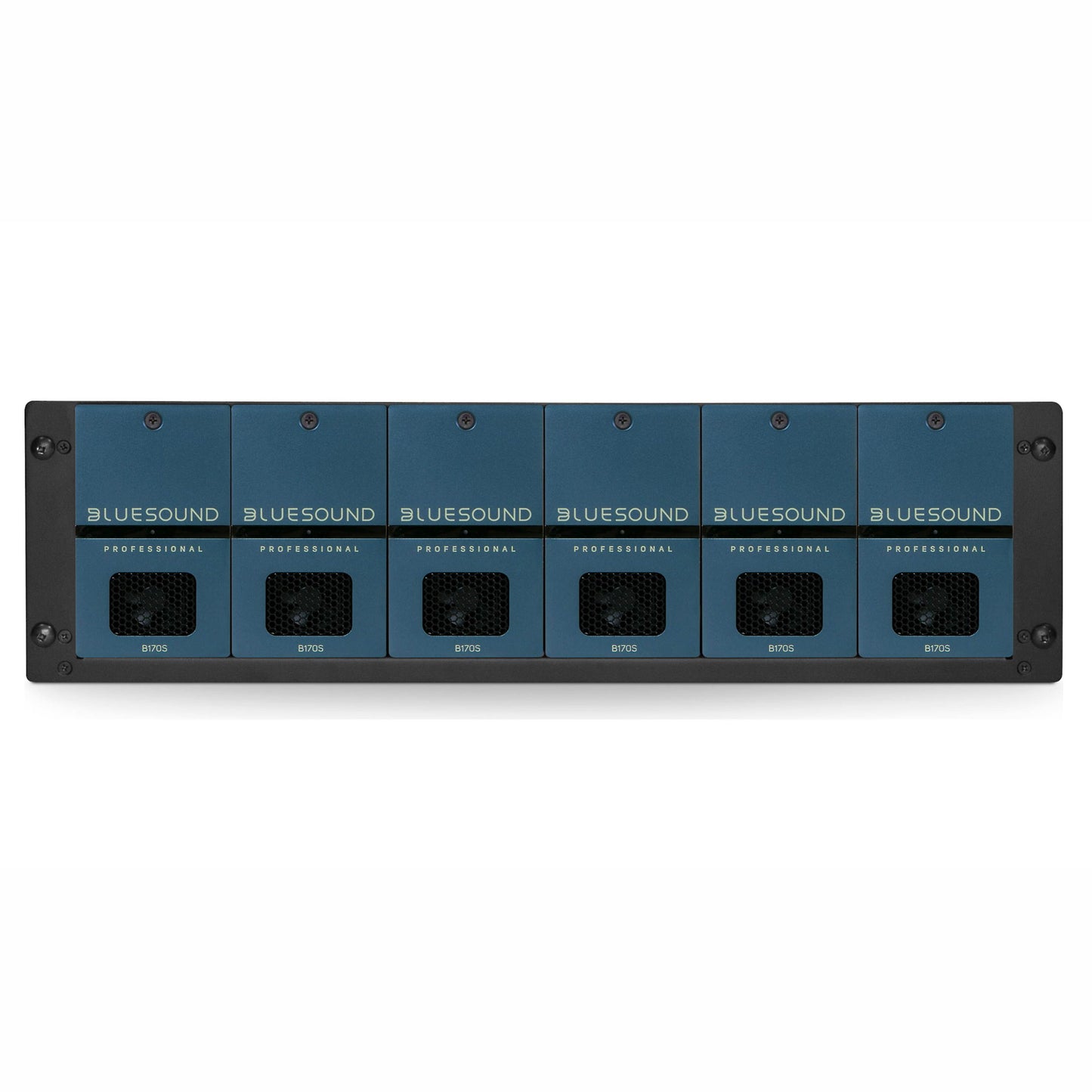 6 x Bluesound Professional B170S Streaming Amplifiers on white background shown on rack