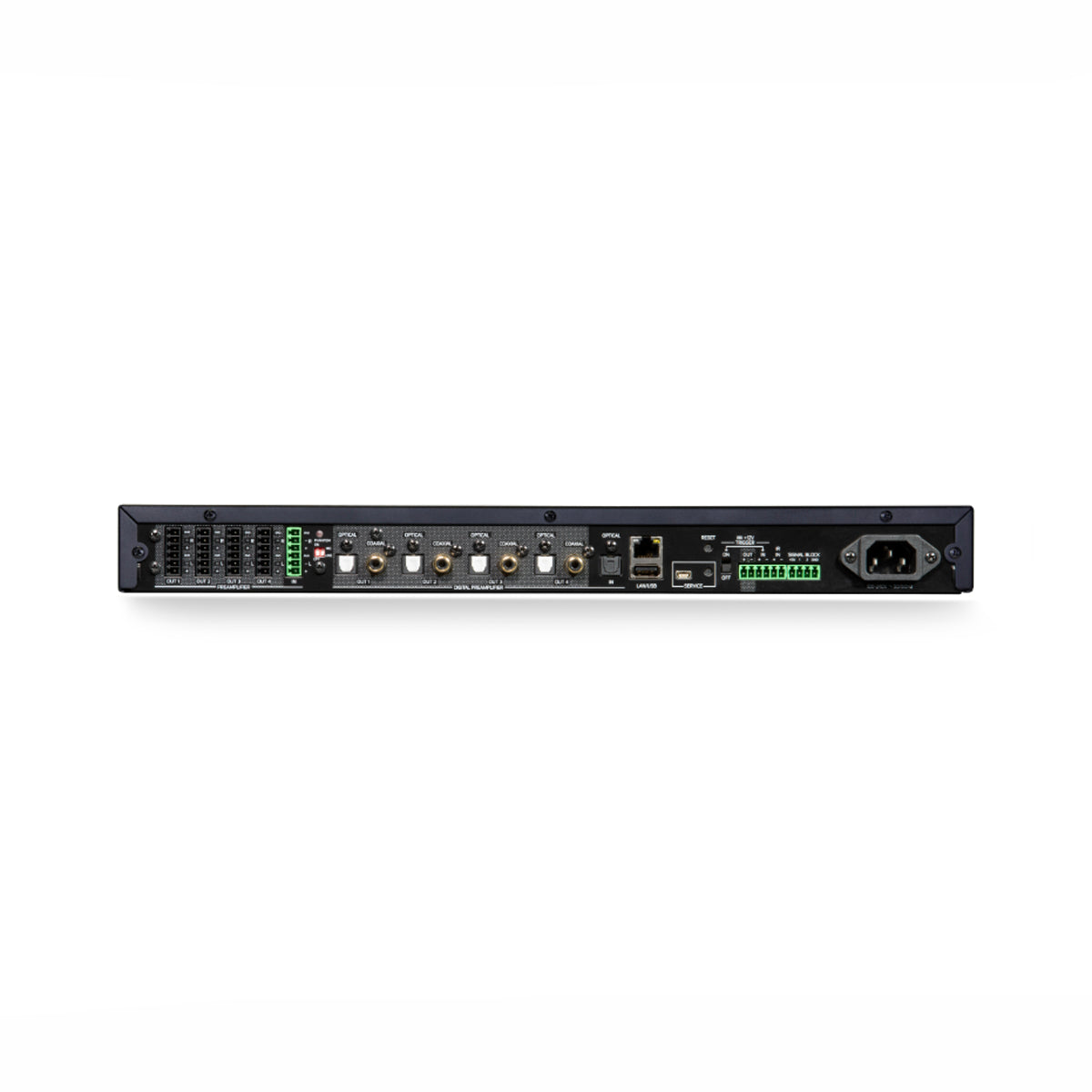 Back view of a Bluesound Professional B400S with various connectors on a white background