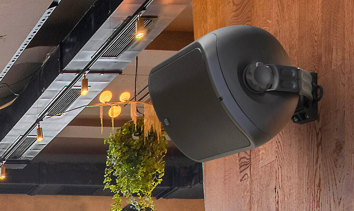 Black outdoor speaker mounted on a wooden wall with ceiling lights and plants in the background.