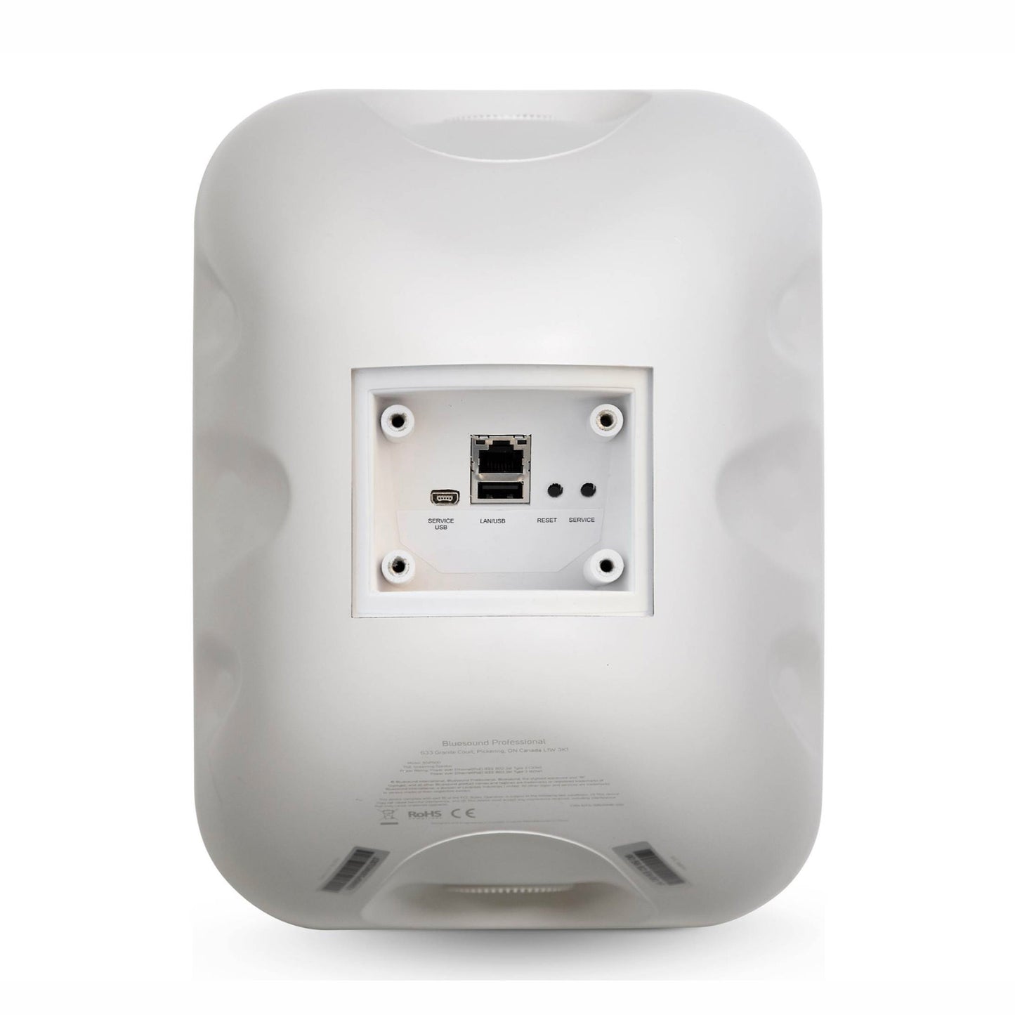 Rear of White Bluesound Professional BSP500 on white background