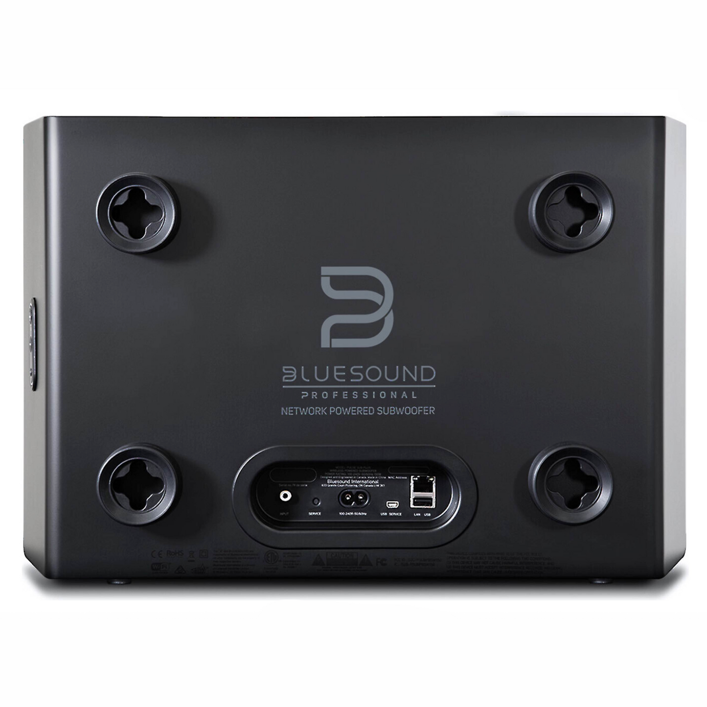 Back of Bluesound Professional BSW150 Network Powered Subwoofer on white background