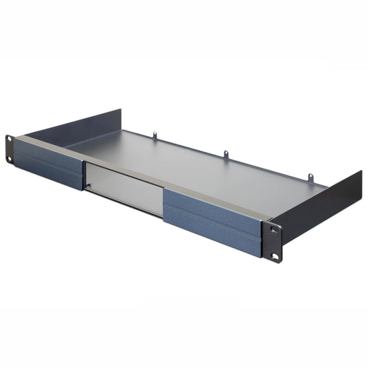 Metal server rack shelf on a white background