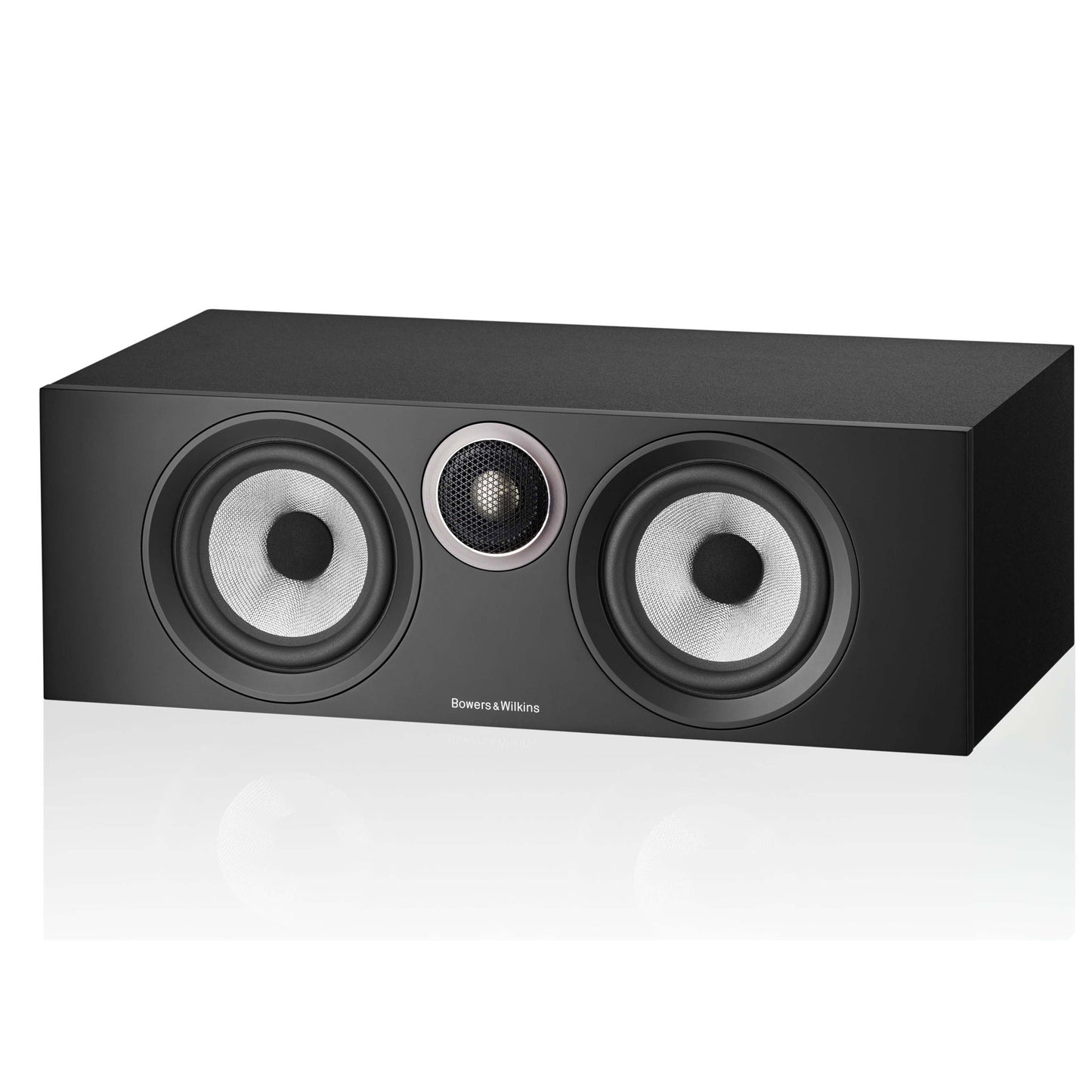 Front angle of black Bowers & Wilkins HTM6 S3 Centre Speaker with grille off