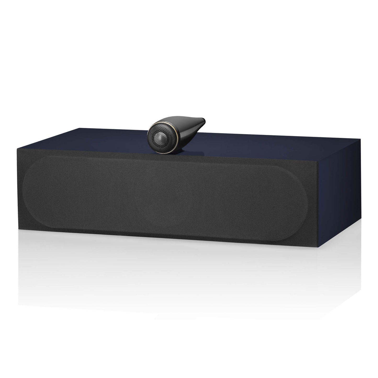 Front angle of Bowers & Wilkins HTM71 S3 Signature Centre Speaker in Midnight Blue with grille on