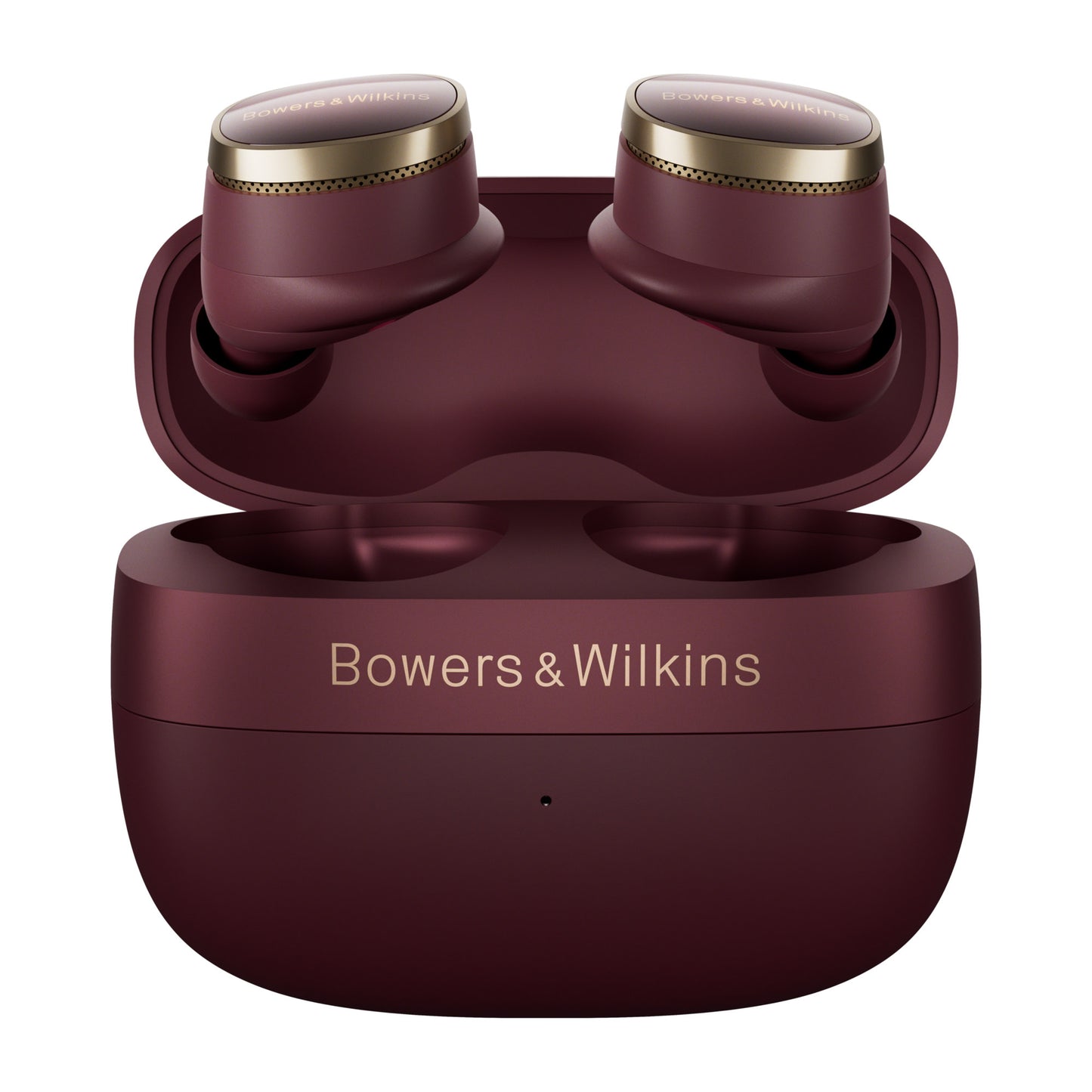 Bowers & Wilkins wireless earbuds in a charging case on a white background