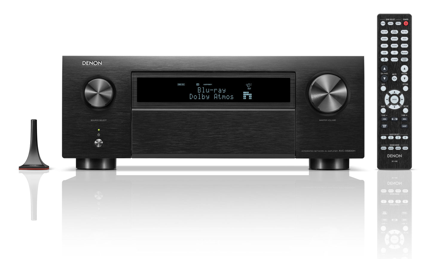 Denon AVC-X6800H 8K - Shown with Remote and Audyssey Calibration Microphone